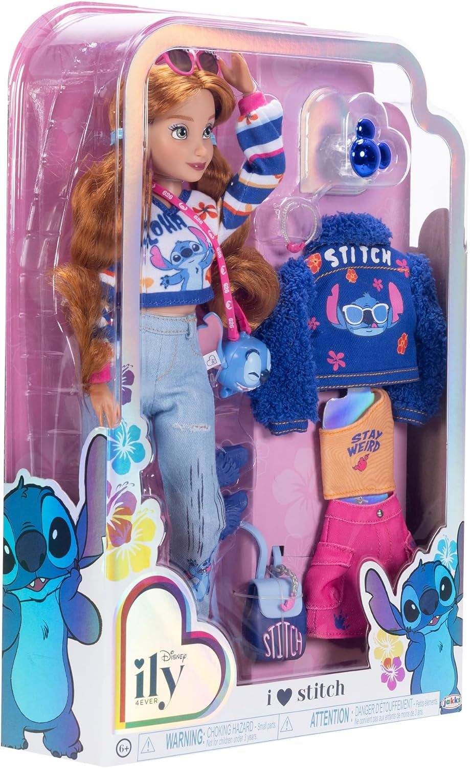 Disney ILY 4EVER Stitch modedockor med rött hår, 29 cm långa, med 13 artikulationspunkter, två kompletta mix-and-match outfits och en gnistrande Musse ring för dig!