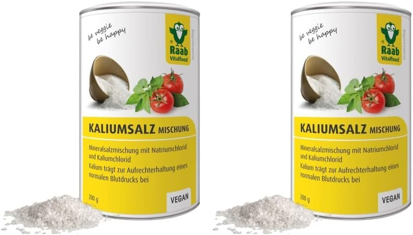 Raab Vitalfood Kalium salt-Mischung, Mineralsalzmischung med 66,7% Natriumchlorid (Kochsalz) och 33% Kaliumchlorid, Kalium trägt zur Aufrechterhaltung eines normalen Blutdruck bei (1 x 200 g Dos)