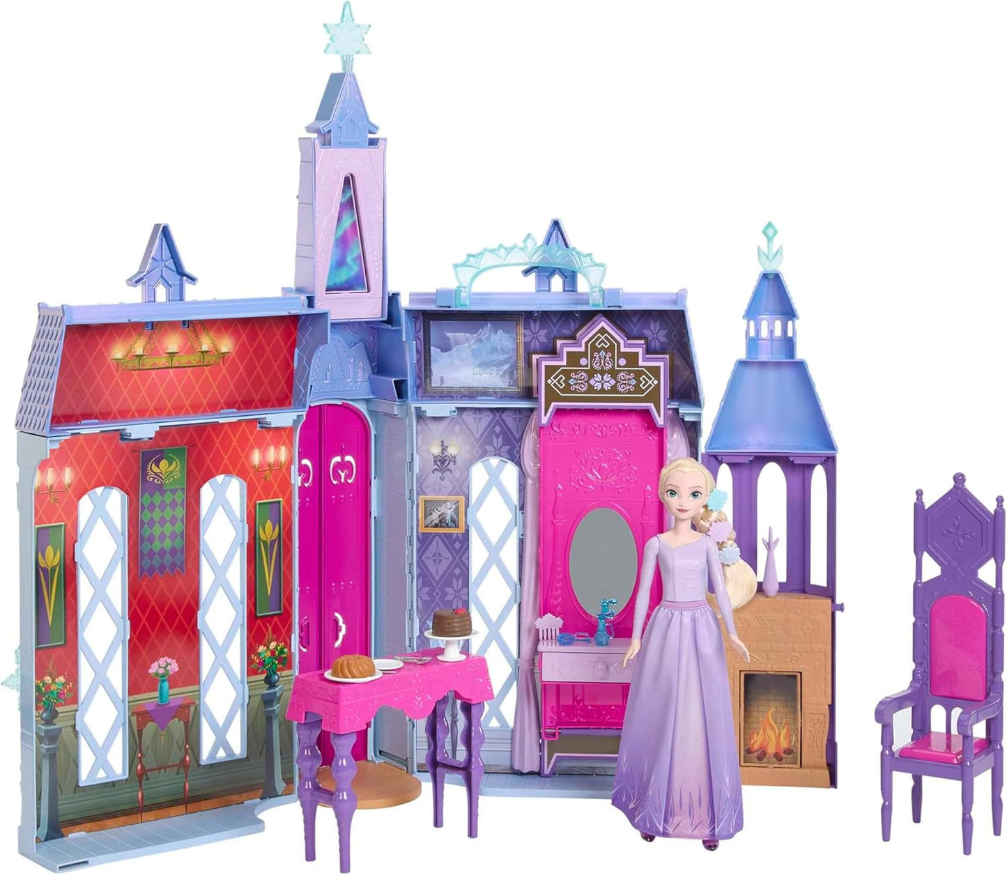 Mattel Disney Frozen - Castle Arendelle Dollhouse (60cm+) med Elsa Doll, 4 lekplatser och 15 delar av Disney Frozen II möbler och tillbehör, HLW61