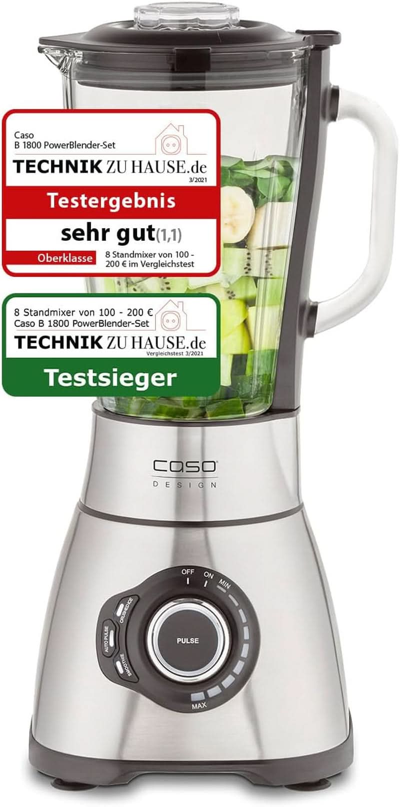 CASO B 1800 Powerblender-Set - Standmixer, 28 000 U/Min, Glasbehälter 1,75 L, Inkl. Trinkflasche Und Zerkleiner, Mixer Testsieger Mit Sehr Gut, Edelstahl Naty Shop Standmixer + Zubehör