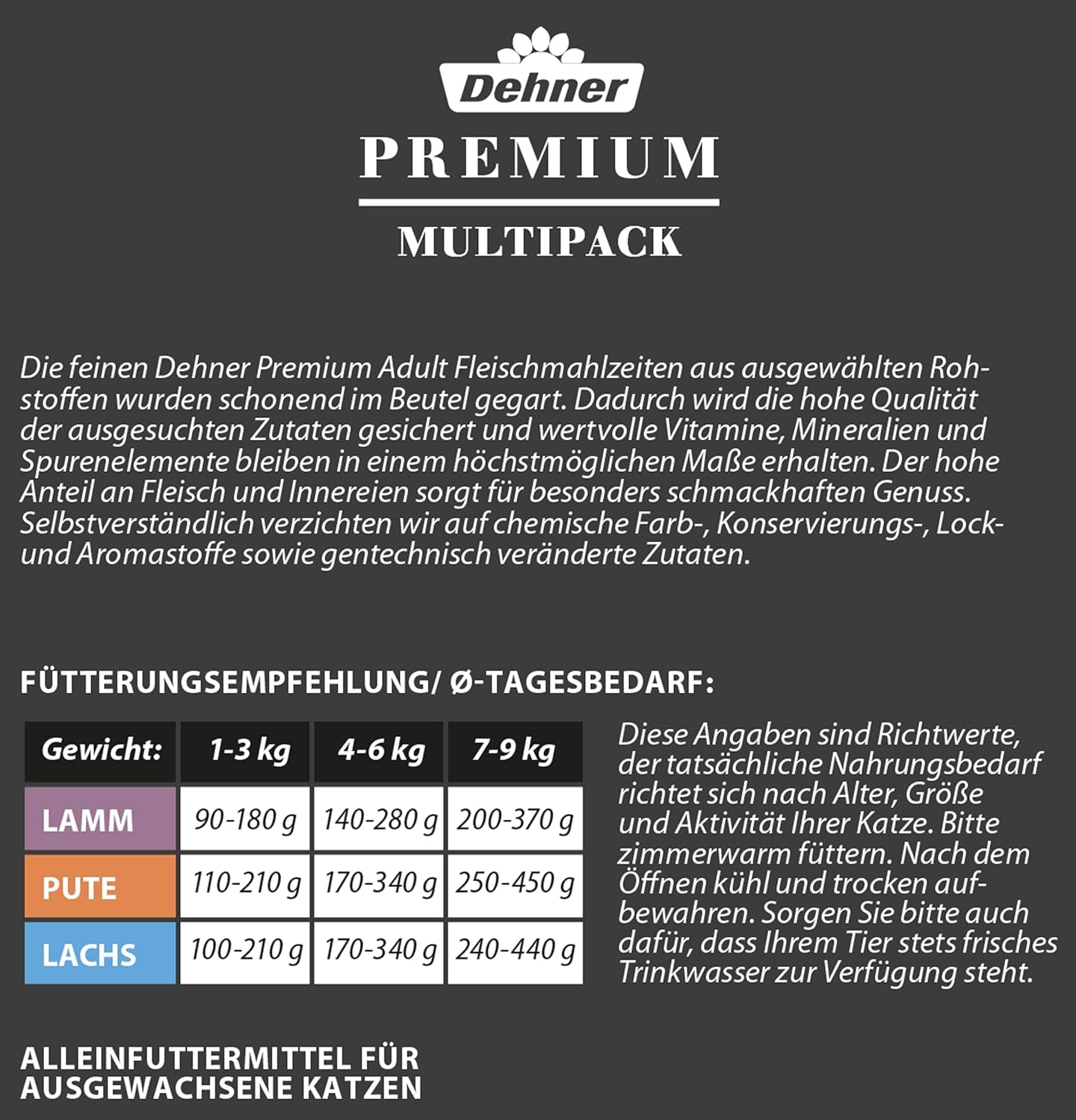 Dehner Premium våtmat för katter, multipack, vuxna katter, 4 stycken vardera: lamm / kalkon / lax, 12 påsar x 100 g (1,2 kg)