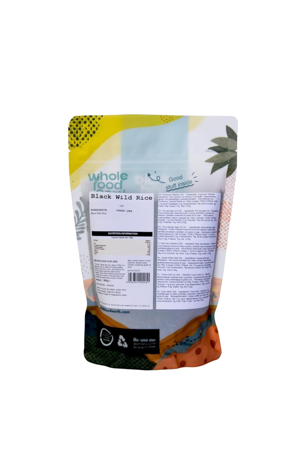 Wholefood Earth USA Black Wild Rice - Icke-GMO - Naturlig - Vegansk - Mejerifri - Inget tillsatt socker, 500g