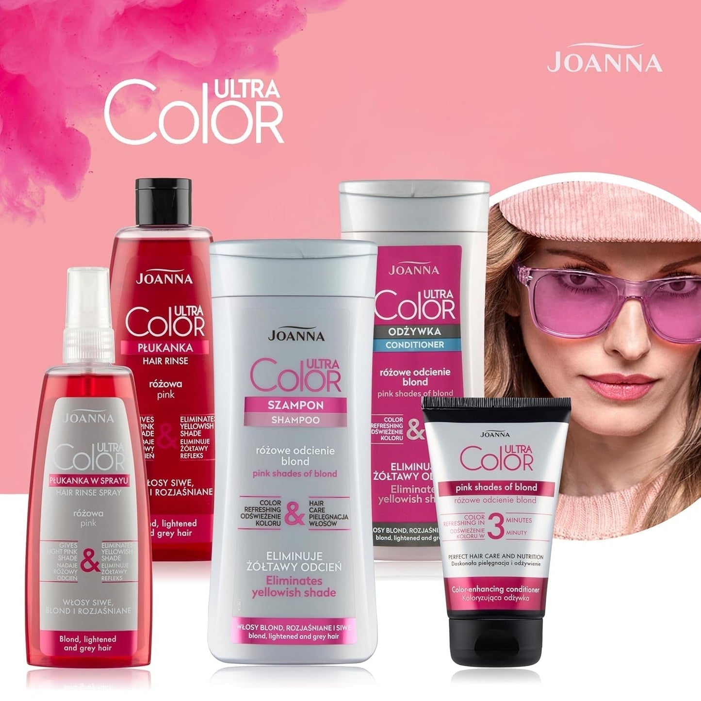 Joanna Ultra Color - Rosa färgbalsam för blont och ljust hår - Pastellrosa - Naturlig glans - Tar bort den gula nyansen från gråblont hår - Tillfällig effekt - 150 ml Hårfärgning Naty Shop