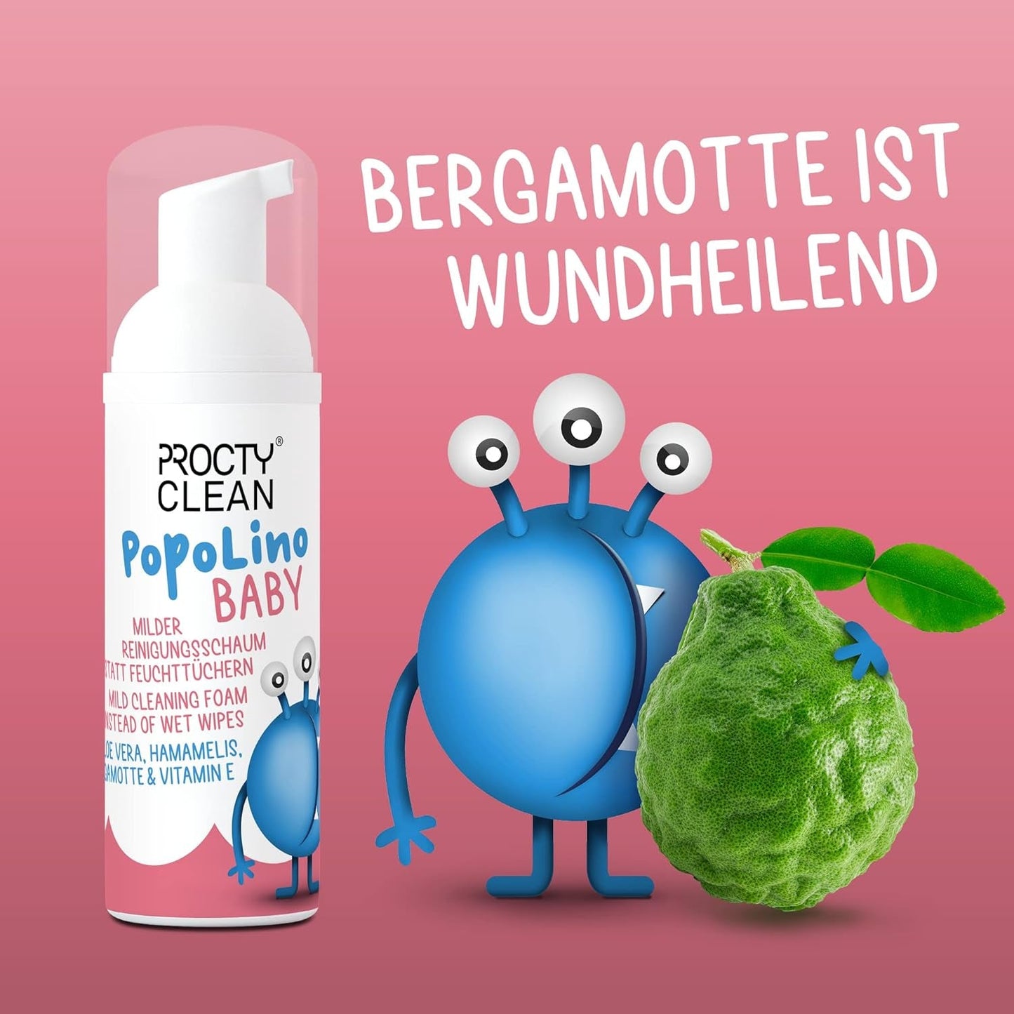 PopoLino Baby mjukt bottenskum istället för våta babyservetter. Veganskt och naturligt kosmetiskt rengöringsskum! Bottenskum med aloe vera, trollhassel, bergamott och vitamin E. Gör bottnar och miljön glad.