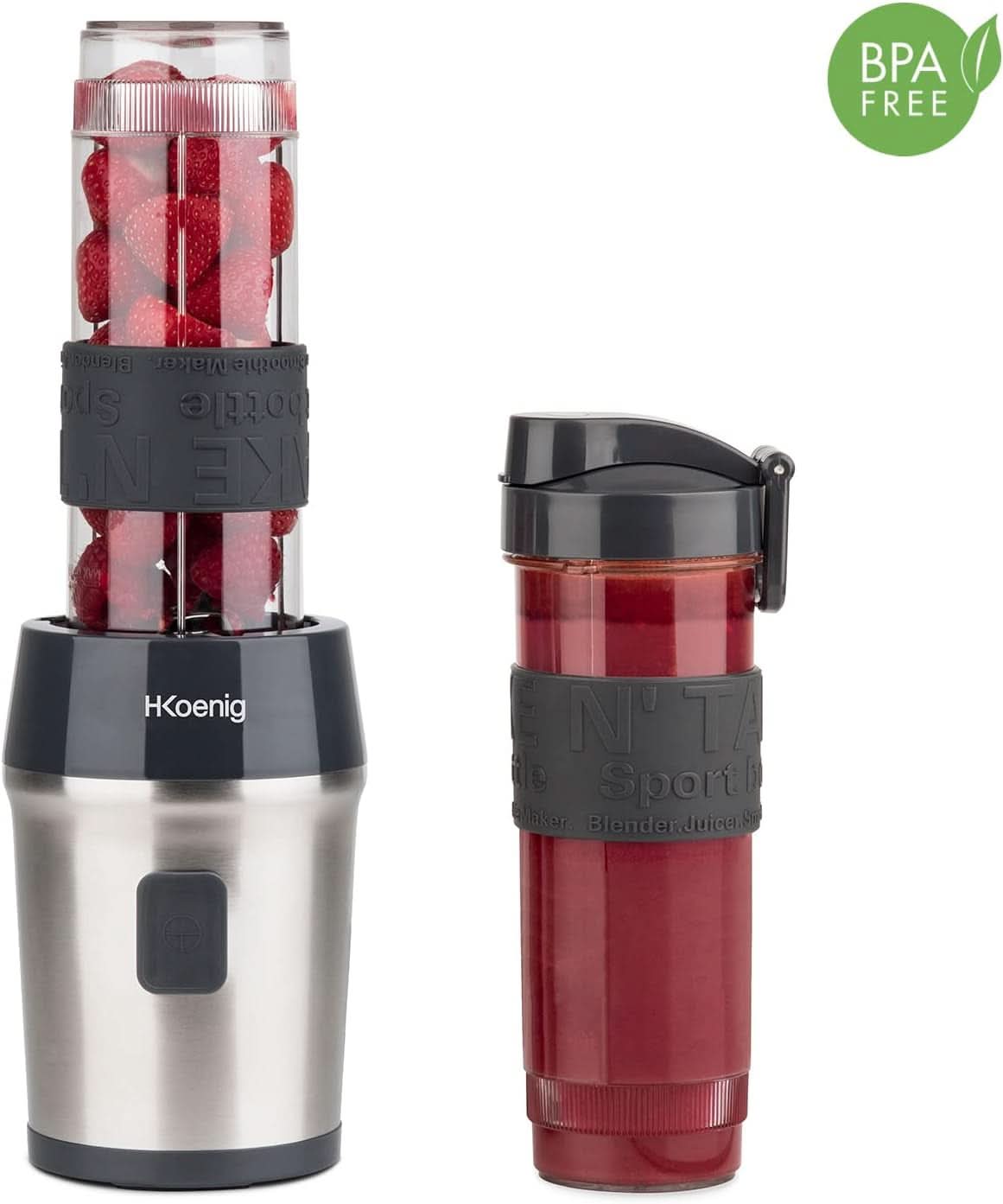 H.Koenig Smoothie Maker SMOO9 - Mini Standmixer - Mini Mixer - 300 Watt - 570 Ml - Edelstahl - 2 Kunststoffflaschen - Bpa-Frei, Grau Kitchen Naty Shop