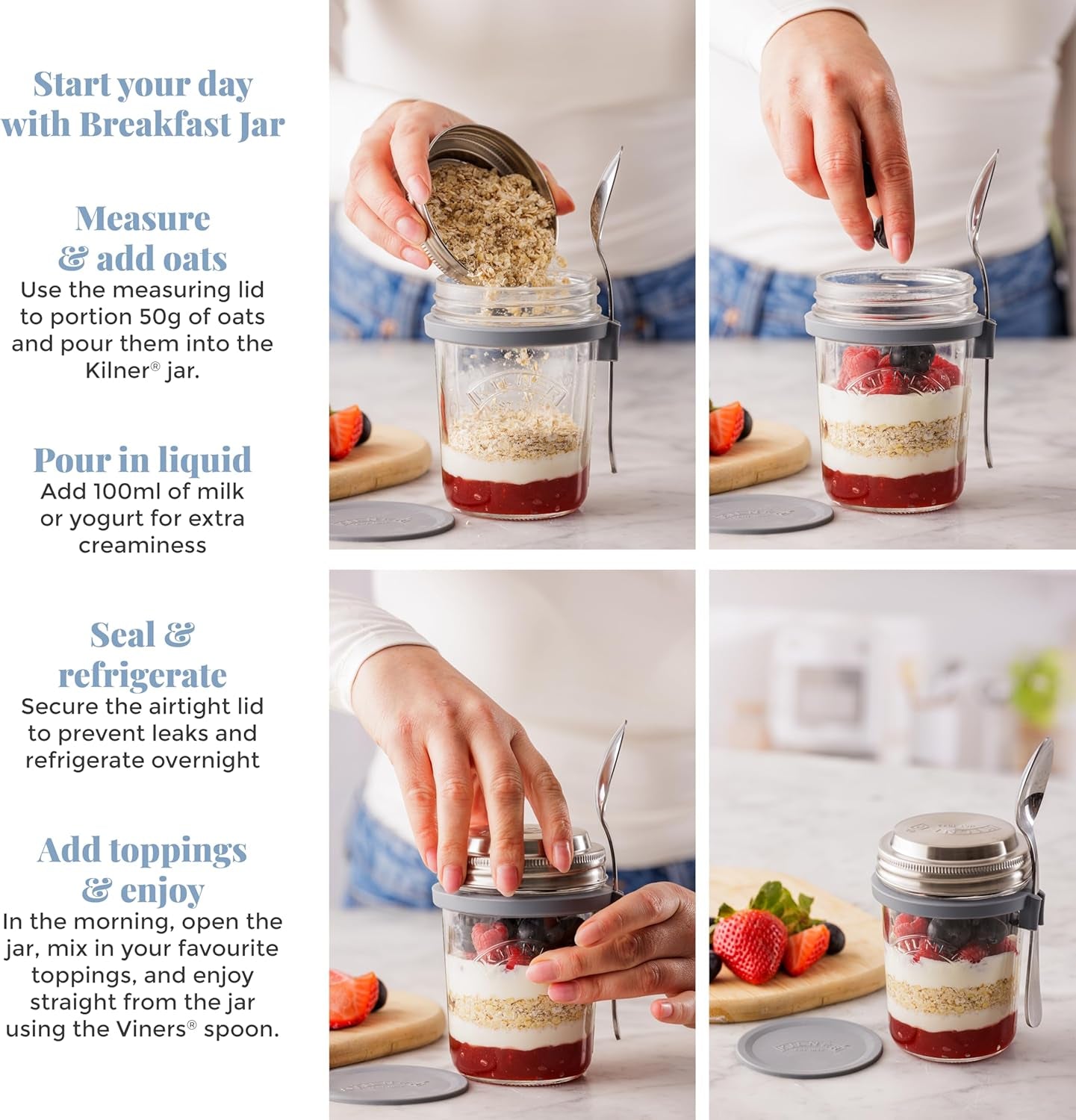 Kilner frukostburk med sked / 350 ml, Ø 9,5 cm / 5 st | takeaway müslikopp / giftfri / glasbehållare med lock för müsli, gröt och yoghurt / havrebehållare över natten Naty Shop Matförvaringslådor