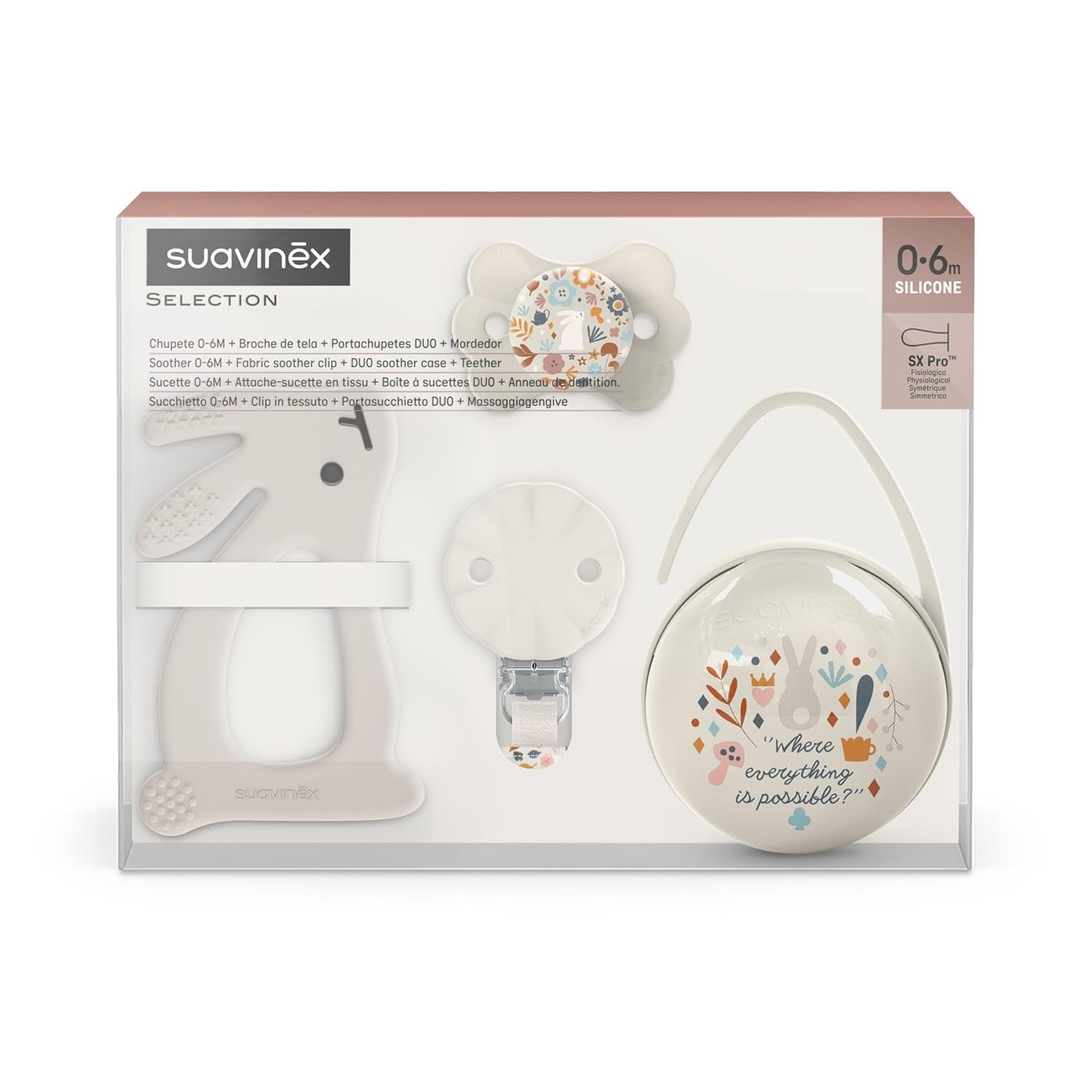 Suavinex presentset för nyfödda. 4-delat set inklusive: Physiological SX Pro napp för bebisar 0-6 månader + napphållare + Duo nappskydd + silikon tandring. Underlandet, beige