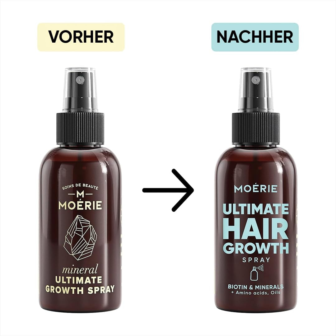 MOÉRIE Ultimate Mineral Hair Growth Spray för längre, tjockare och fylligare hår - med biotin och koffein - Veganska hårprodukter, Parabenfri, alla hårtyper, vänder håravfall - 2 månaders tillförsel Hårvård Naty Shop