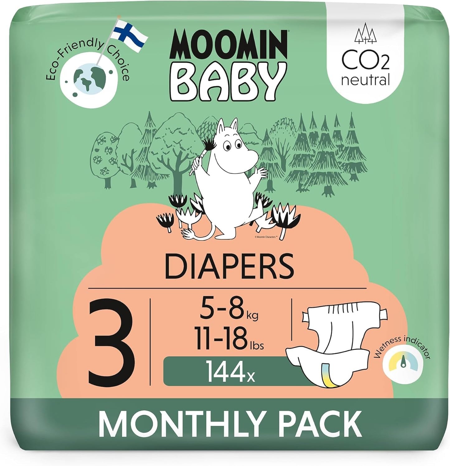 Mumin Baby Eco-blöjor, storlek 3, 5-8 kg, 48 delar, mjuka premiumblöjor | Mjuk och hudvänlig, andas, absorberande, inga onödiga kemikalier |
