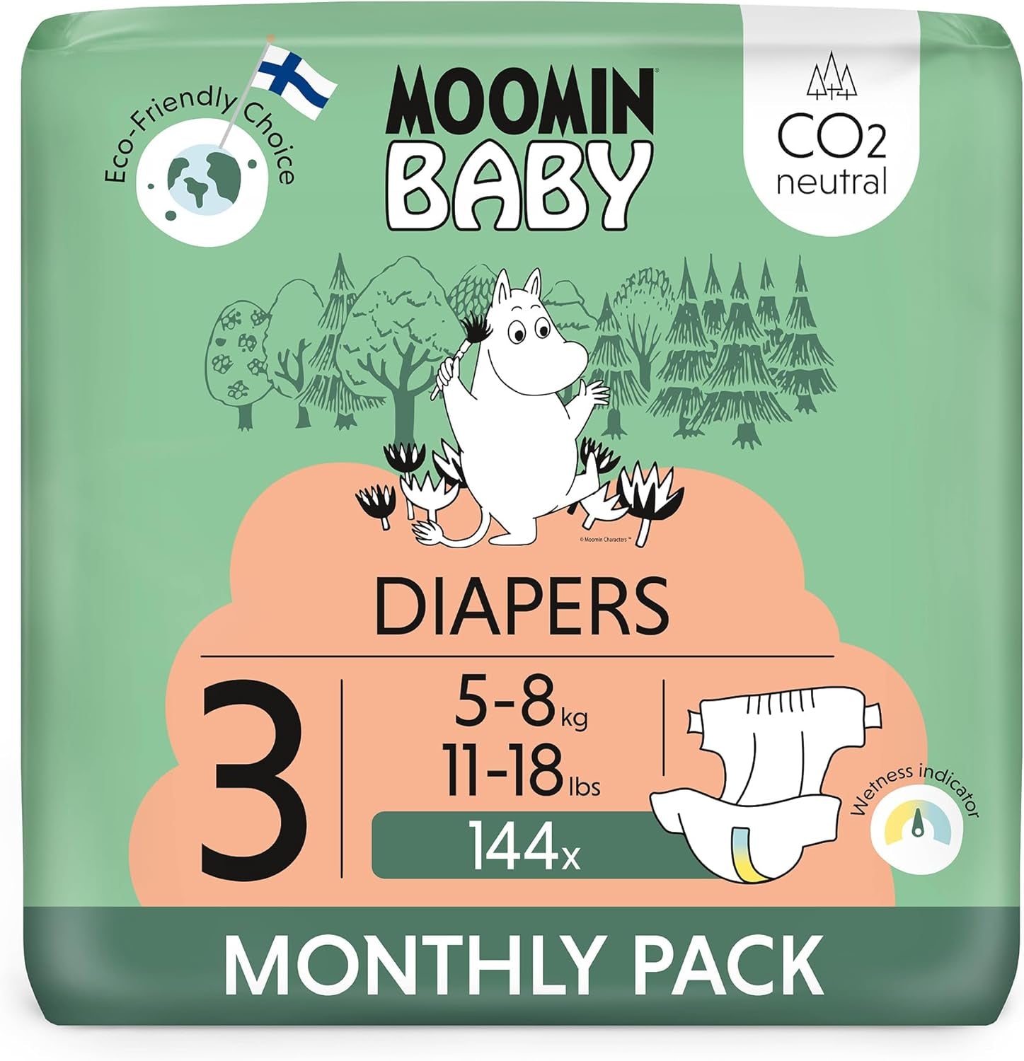 Mumin Baby Eco-blöjor, storlek 3, 5-8 kg, 48 delar, mjuka premiumblöjor | Mjuk och hudvänlig, andas, absorberande, inga onödiga kemikalier |