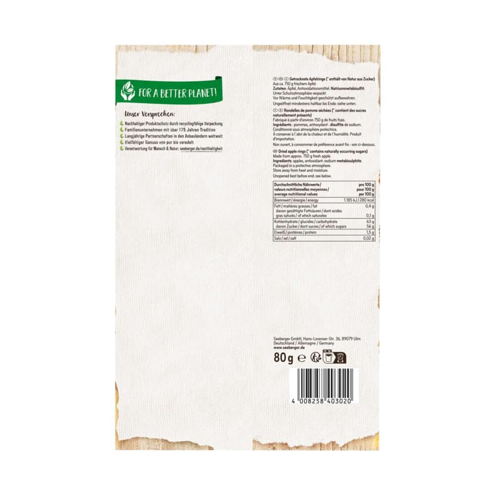 Seeberger, torkade äppelskivor av bästa kvalitet, utan tillsatt socker, 10 x 80 gram Dehydrerade produkter Naty Shop