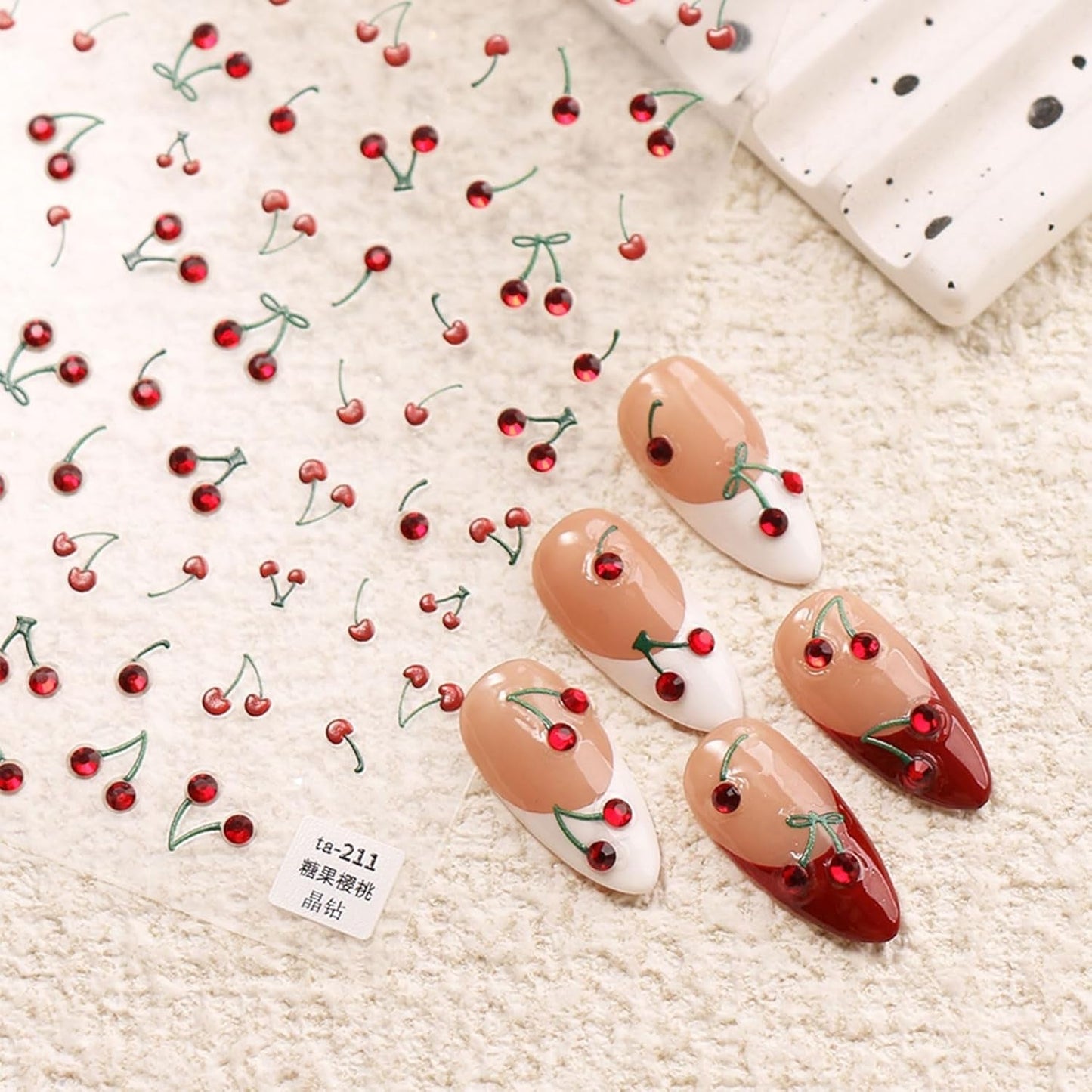 JMEOWIO 3D Nagelsticker Kirsche Nail Art Sticker Selbstklebend Nagelaufkleber 5D Stereoskopisk Dekoration Nageldesign Zubehör 1 Blatt