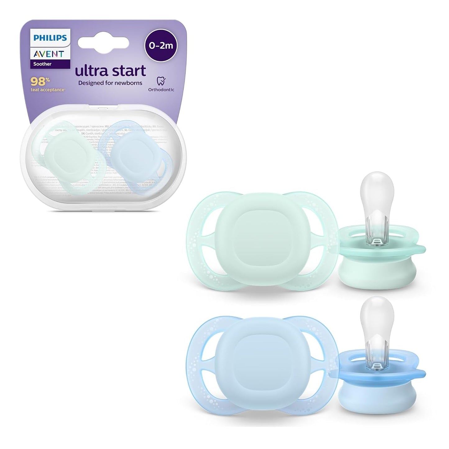 Philips AVENT Ultra Start nattnapp, ortodontisk napp för nyfödda, Glow in the Dark, BPA-fri, med steriliseringsbehållare, Twin Pack, Moon, Star, SCF075/07