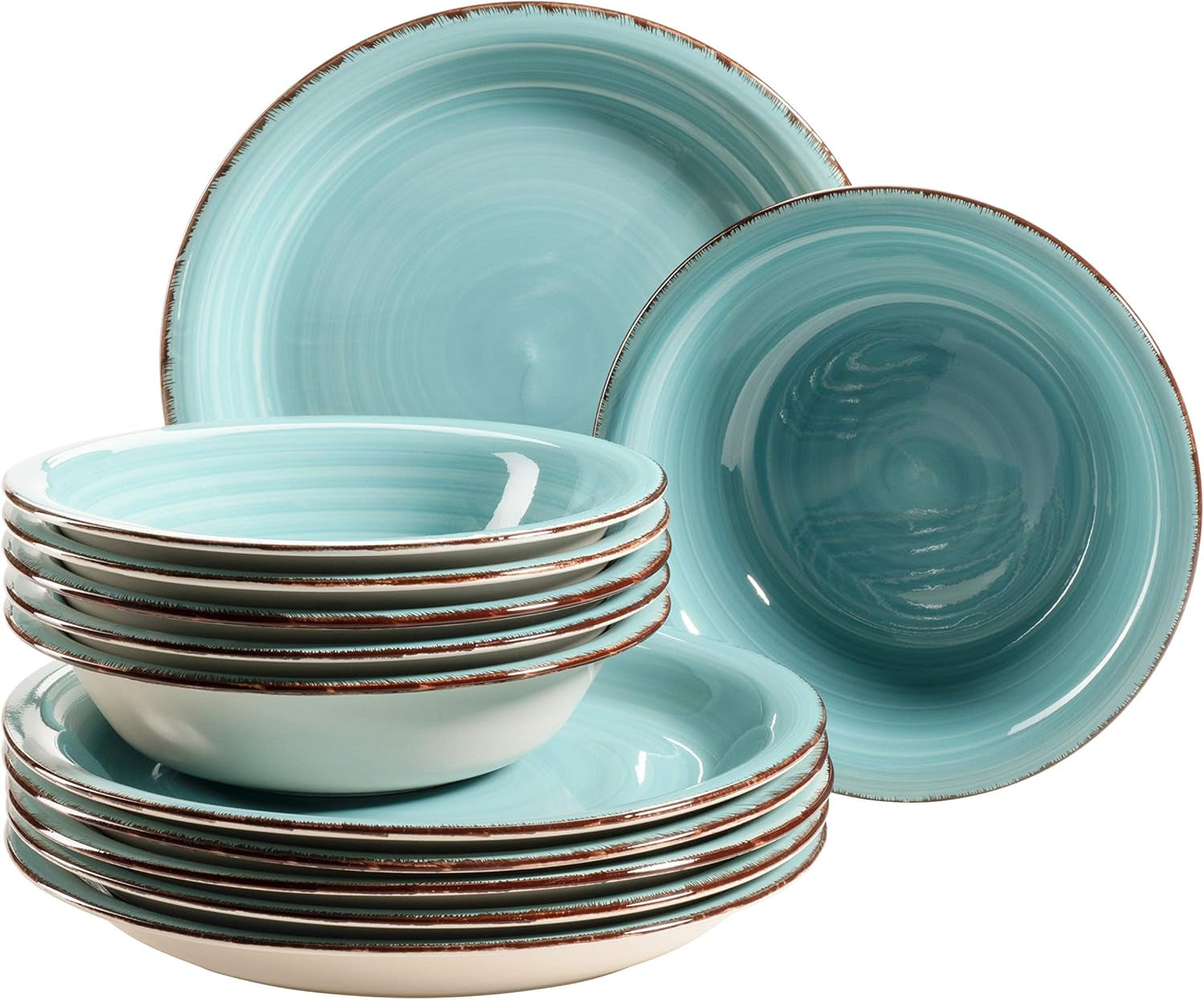 MÄSER Bel Tempo II Teller-Set för 6 Personen im modernen Vintage Look, 12-teiliges Tafelservice, handbemalt, Turkis, Steingut, 27 centimeter