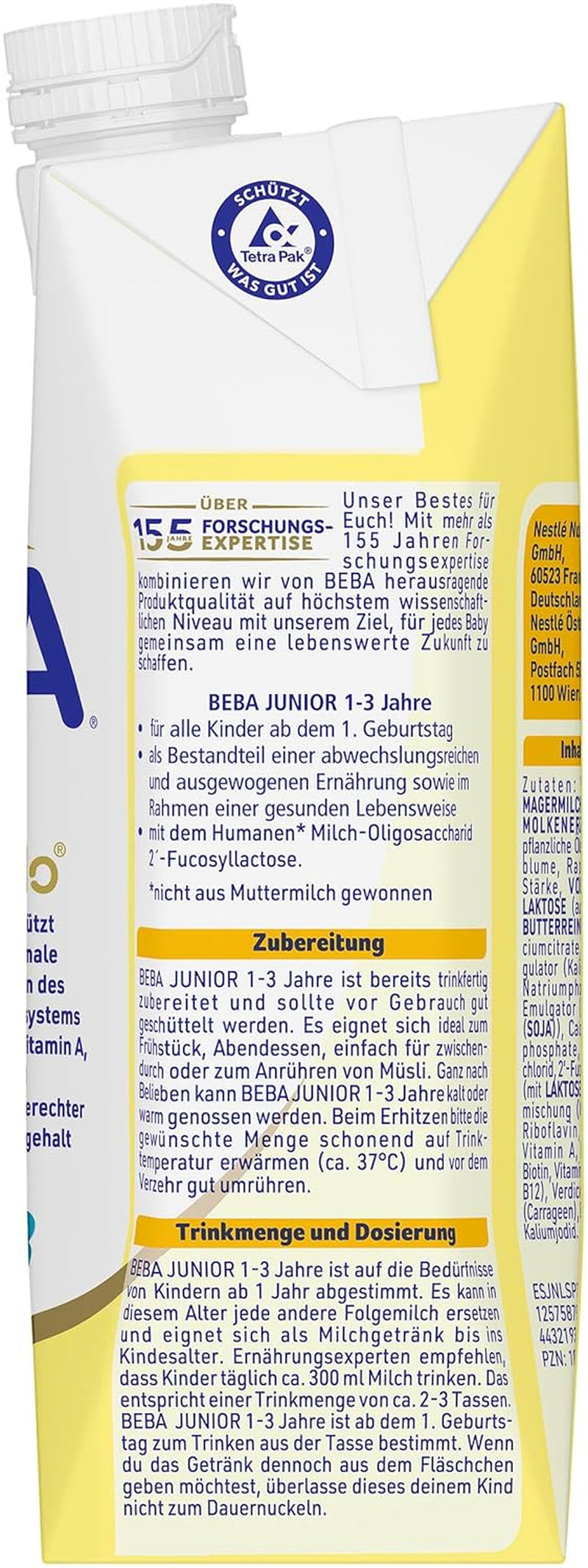BEBA Junior Drickfärdig mjölkdryck 1-3 år, med HMO, åldersanpassat proteininnehåll, palmoljefri, fiskoljefri, småbarnsmat, 12-pack (12 x 500 ml)