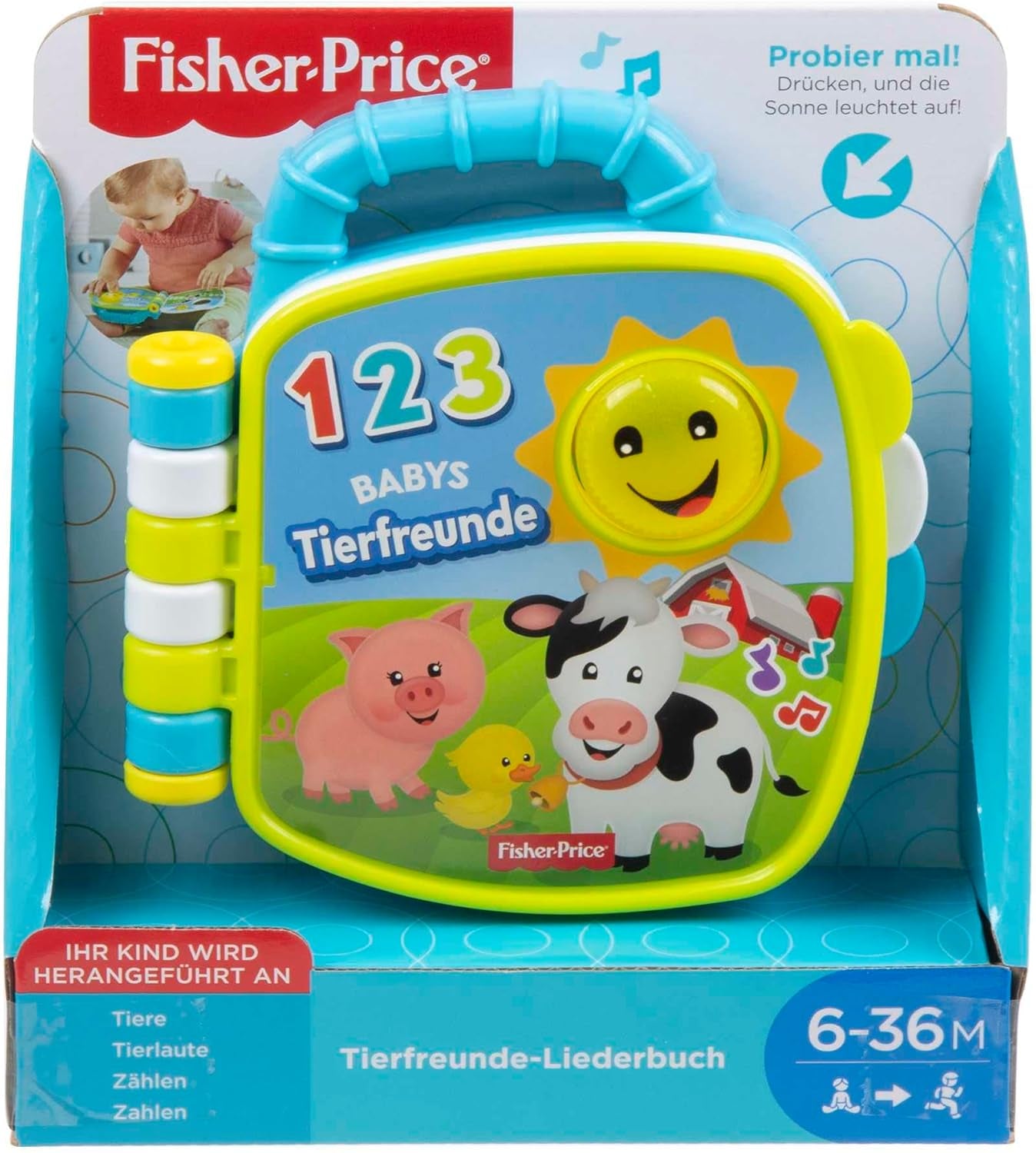 Fisher-Price Musical Animal Friends Songbook | Babyleksak från 6 månader, 1 år för flickor och pojkar | Barnleksak | Musikbok med ljud och ljuseffekter | Pedagogisk leksak (tyska), GFP29 Jucarii Bebe Naty Shop