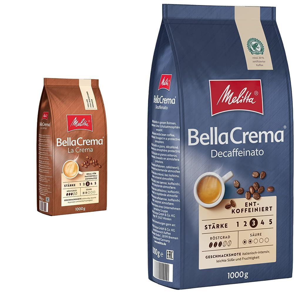 Melitta BellaCrema La Crema kaffebönor 1kg och BellaCrema Decaffeinato koffeinfria kaffebönor 1kg