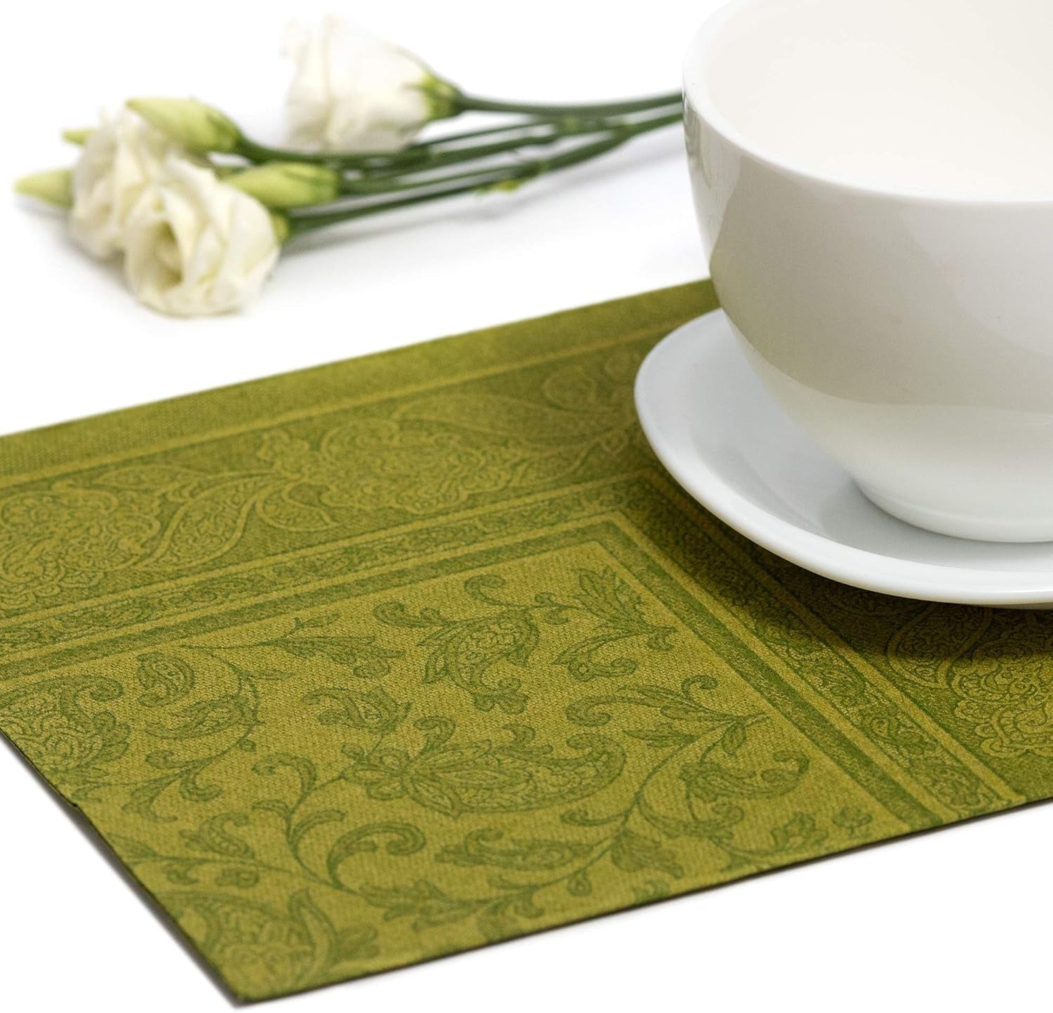 Papstar, 50 servetter "ROYAL Collection" 1/4-faldig 40 Cm X 40 Cm olivgröna "Ornaments", #81746