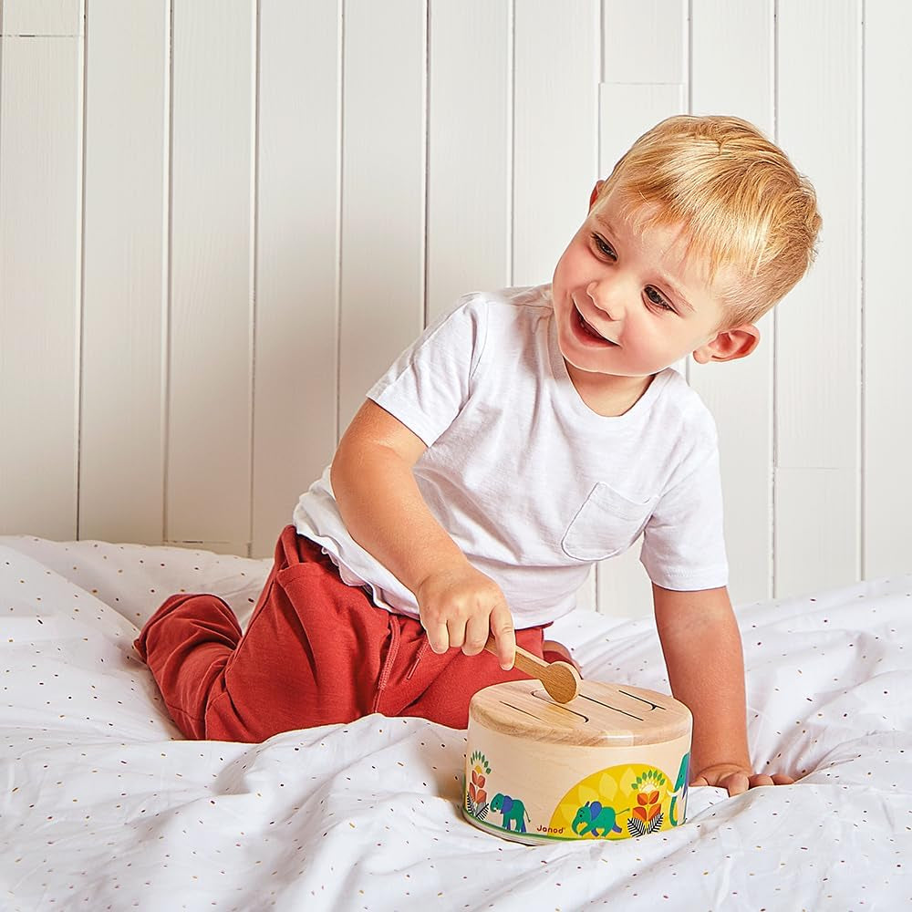 Janod - Gioia Drum - FSC trätrumma + trumma - Rollspel och tidig musikalisk utbildning - Akvarell - Från 18 månader, J07650 Bebe Toys Naty Shop