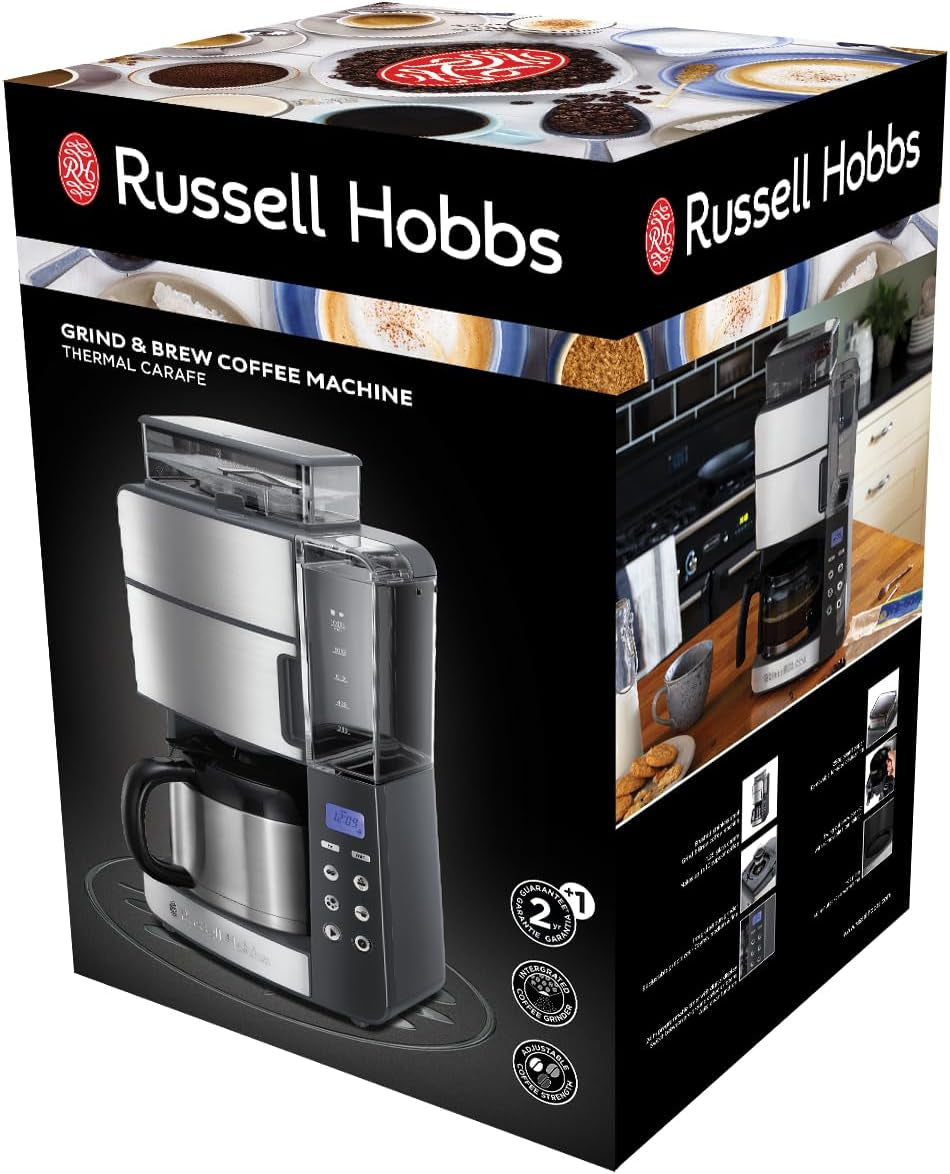 Russell Hobbs kaffebryggare med kvarn och termisk karaff [Digital timer, duschhuvud för optimal extraktion och arom] Grind&Brew (1-10 koppar, 3 malningsinställningar) Filterkaffebryggare 25620-56