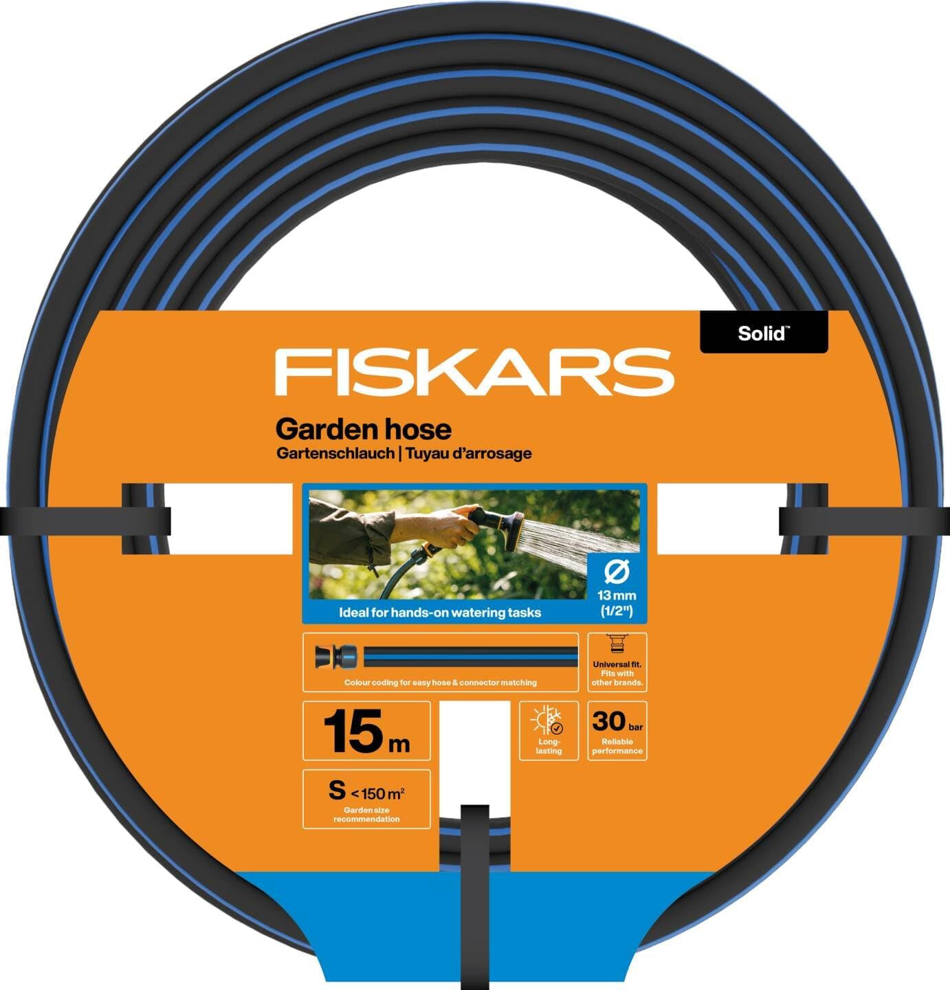 Fiskars S trädgårdsslang, Solid, Vattenslang för manuell bevattning, 13 mm (1/2"), Längd: 15 m, Universalanslutning, UV-skydd, Frostskydd, Vridsäker, Blå, 1076049