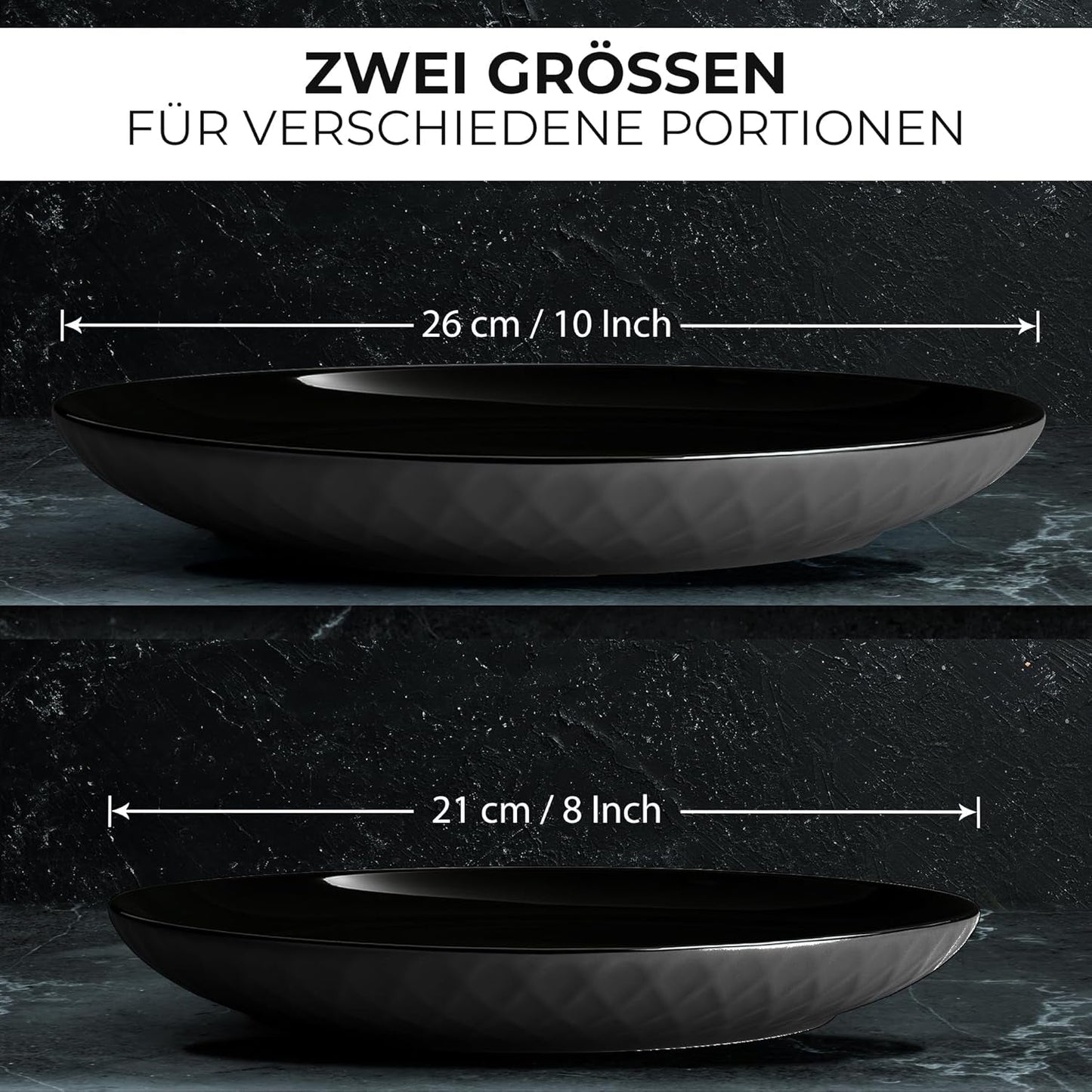MIAMIO - 6-delad modern keramisk servis/tallrik set för 6 - Palmanova Collection (svart, stora tallrikar (6x))