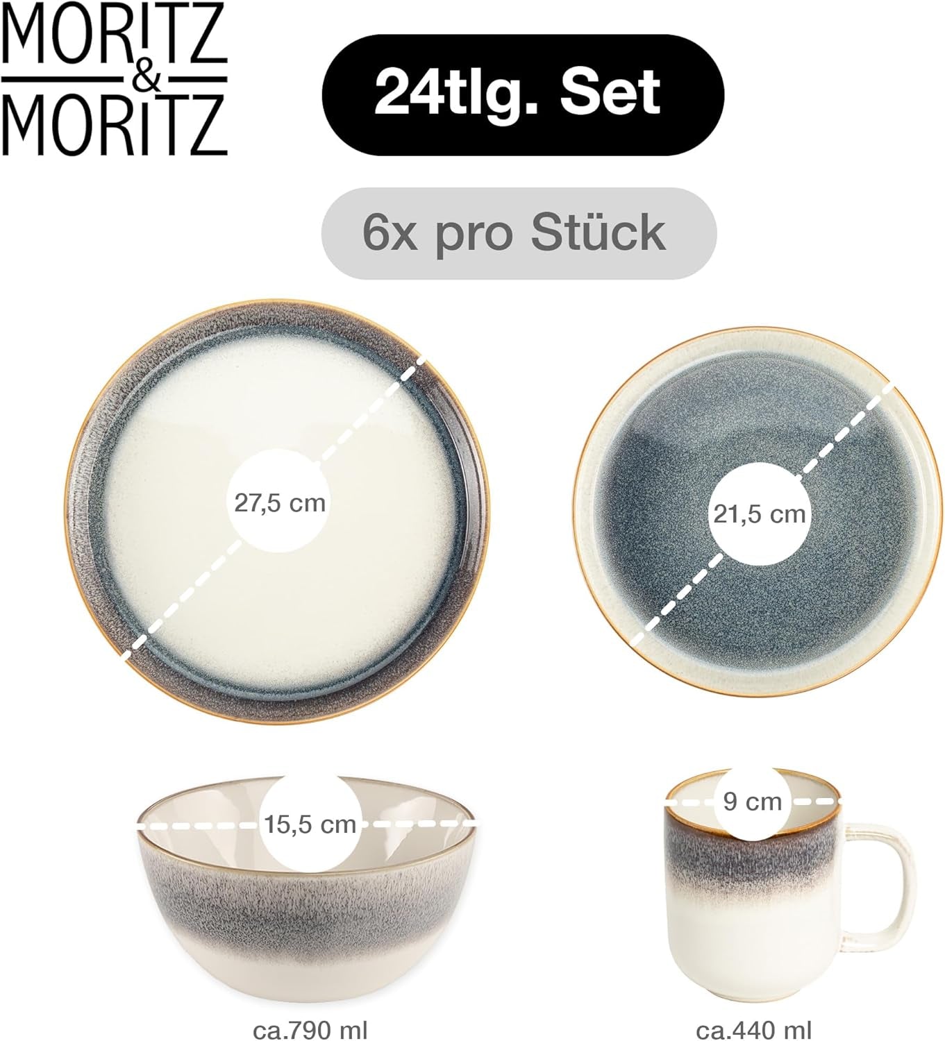 Moritz & Moritz TARENTO 24-delat servisset för 6, grå - Elegant tallriksset i stengods av hög kvalitet - Matservisset innehåller 6 mattallrikar, 6 desserttallrikar, 6 middagstallrikar och 6 koppar
