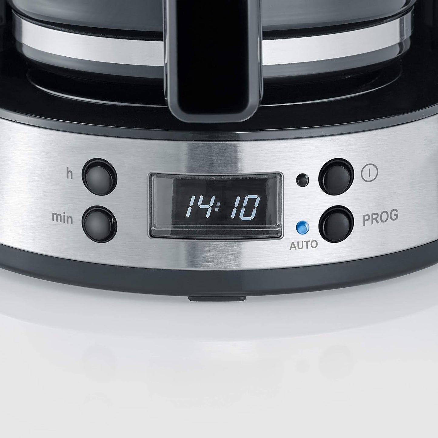 SEVERIN "TypeSwitch" espressomaskin med glaskaraff och timer, AromaSwitch för att välja 2 bryggalternativ, digital klocka med timerfunktion, för upp till 10 koppar, 1000W, borstat rostfritt stål-svart, KA 4826