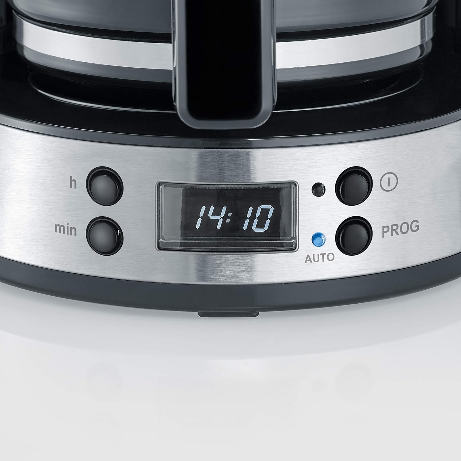SEVERIN "TypeSwitch" espressomaskin med glaskaraff och timer, AromaSwitch för att välja 2 bryggalternativ, digital klocka med timerfunktion, för upp till 10 koppar, 1000W, borstat rostfritt stål-svart, KA 4826