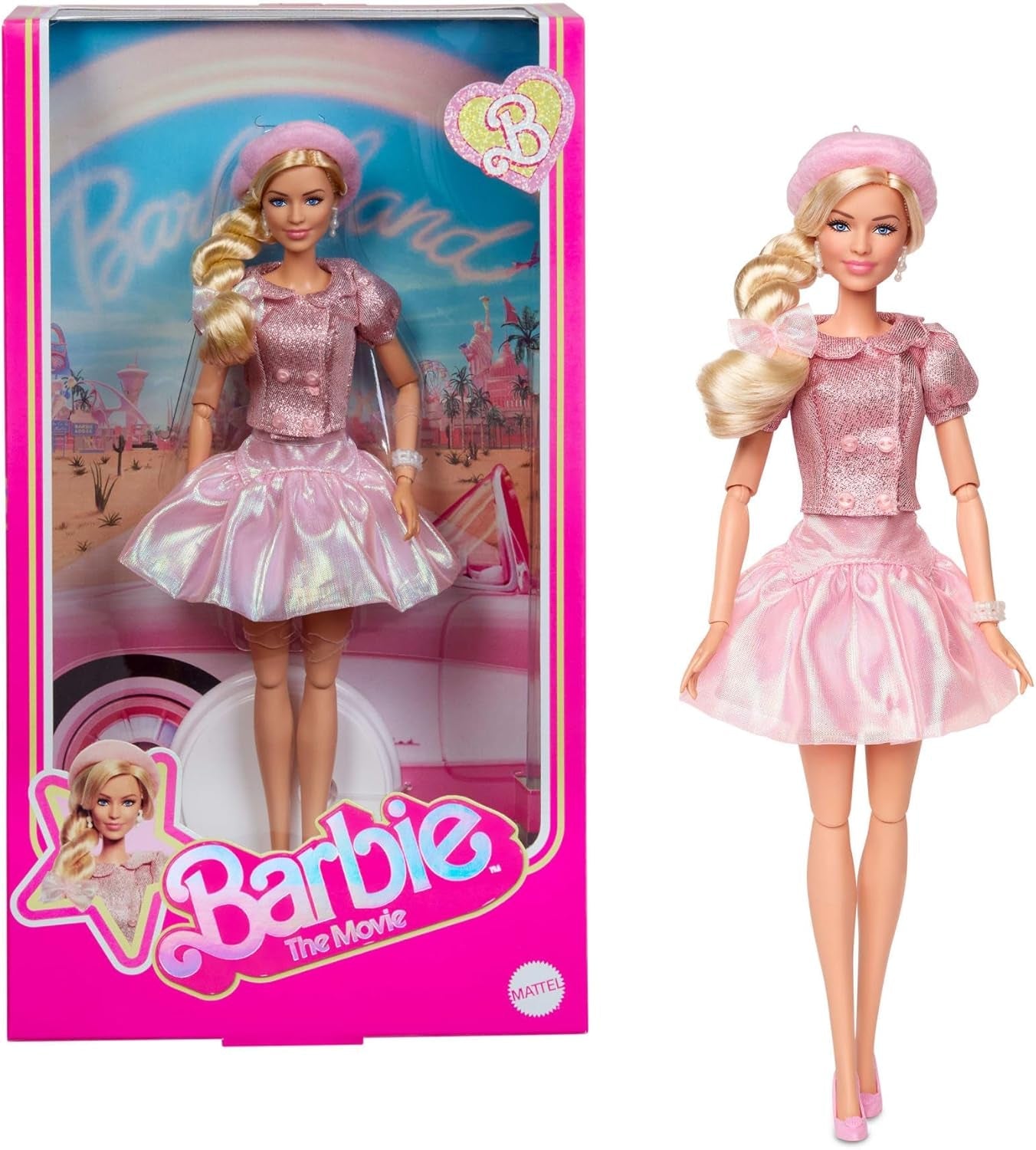 Barbie Filmen baserad på filmen Margot Robbie som Barbie samlarfigur i rosa blus och tyllkjol med stiliserad frisyr och matchande smycken JBJ53