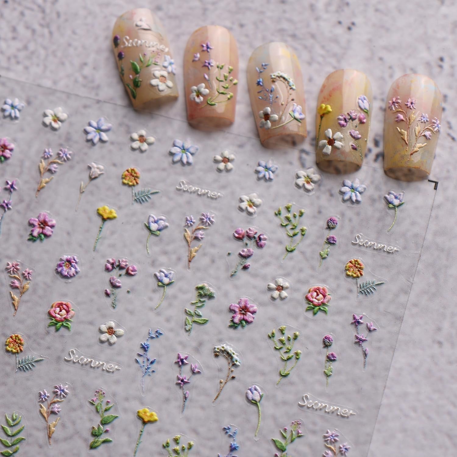 JMEOWIO 3D Nagelsticker Blume Frühling Sommer Floral Nail Art Sticker Selbstklebend Nagelaufkleber 5D Stereoskopisk Dekoration Nageldesign Zubehör 1 Blatt
