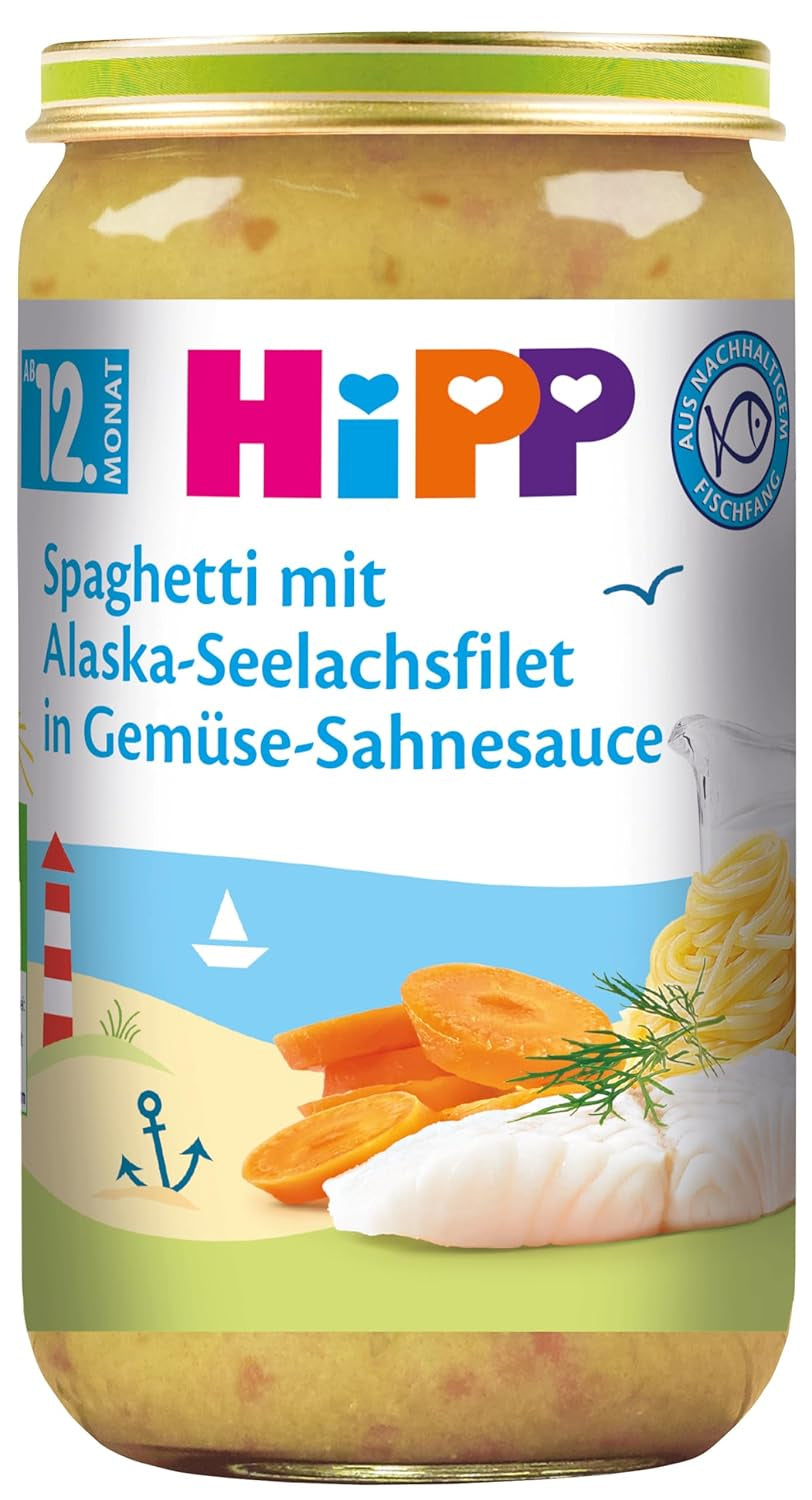 HiPP Spaghetti med Alaskan Pollock-filéer i krämig grönsakssås, förpackning om 6 (6 x 250 g)