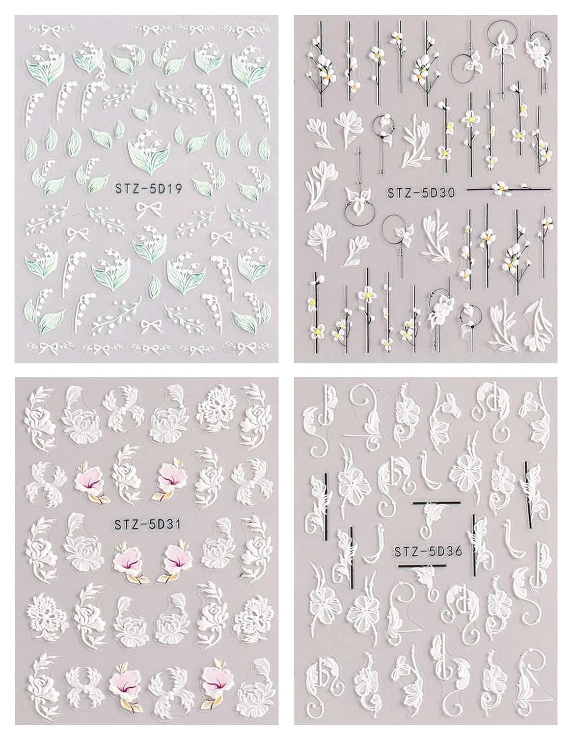 JMEOWIO 3D Nagelsticker Frühling Blume Nail Art Sticker Selbstklebend Nagelaufkleber 5D Stereoskopisk Buntes Sommer Blumen Dekoration Nageldesign Zubehör 4 Blatt