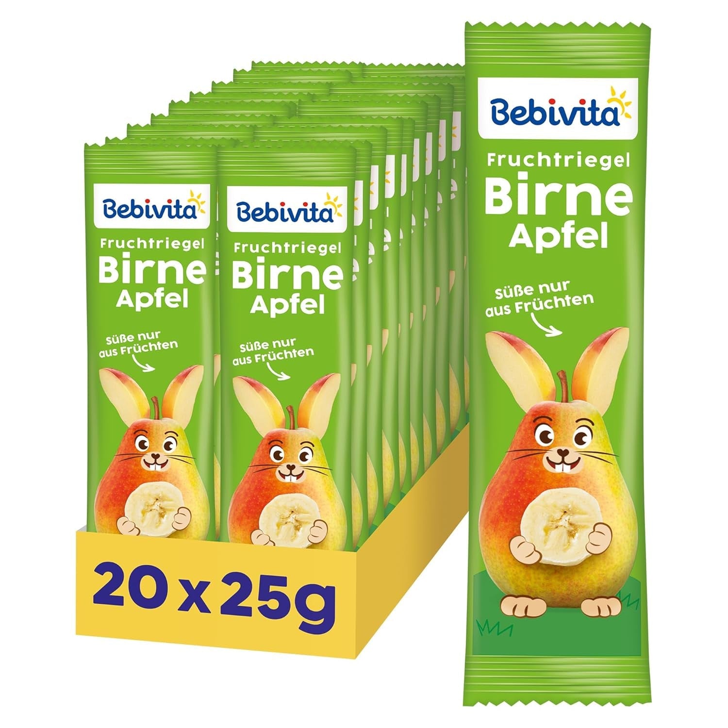Päron-äpplefruktstänger (20 x 25g), endast sötade med frukt, perfekt mellanmål mellan måltiderna, tillagade av strikt kontrollerade och utvalda ingredienser.