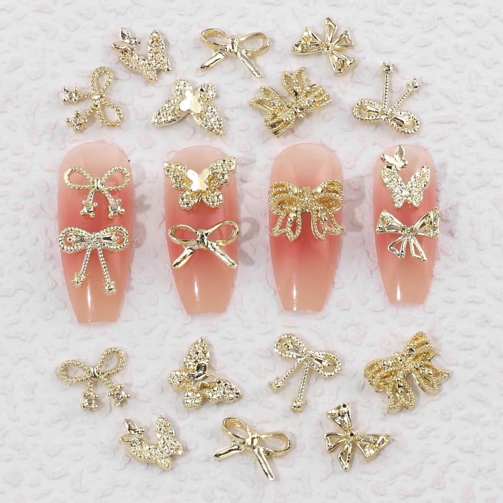 50Stück 3D Gold Bow Nail Charms Butterfly Nail Art Charms Legierung Bogen Nagel Charms Nägel Zubehör Schleife Nagelschmuck Metall Schleifen Schmetterling Nageldesign Nagelanhänger Nailart Strasssteine