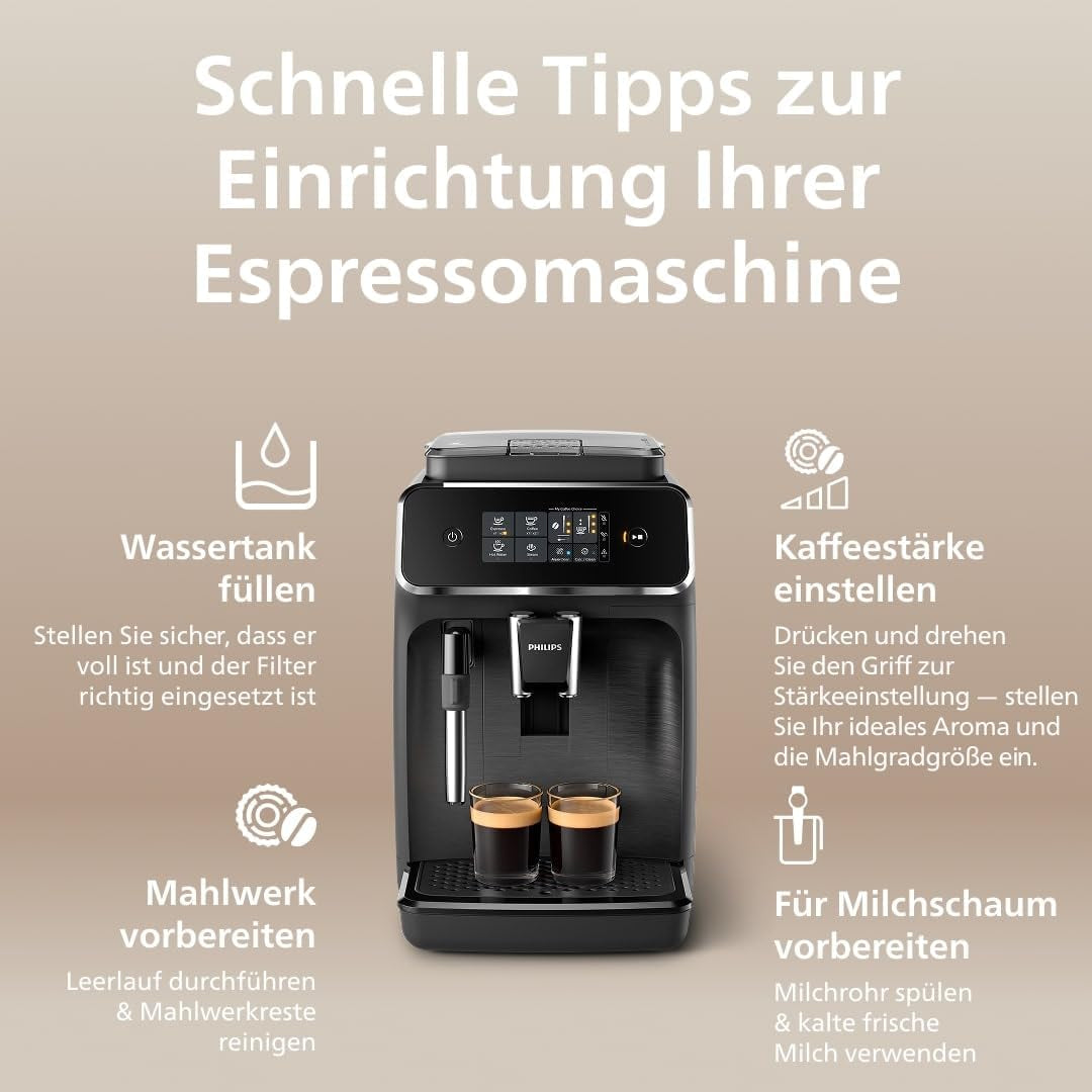 PHILIPS automatisk espressomaskin 2200-serien - 2 kaffespecialiteter, pekskärm, klassisk mjölkskummare, keramisk kvarn, mattsvart (EP2220/10)