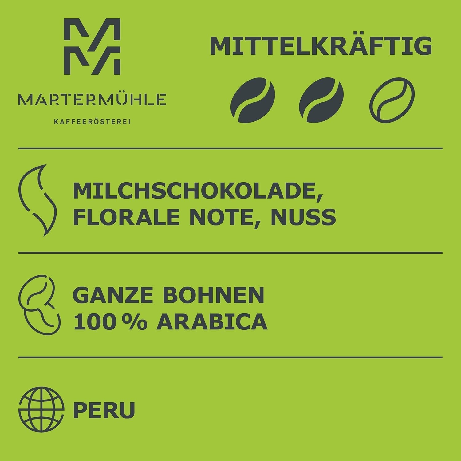 Martermühle Peru Bio Kaffeebohnen 1 kg mittelkräftig I Arabica I Arom: Mjölkchoklad, blommiga toner, nötter I Ganze Bio Kaffee-Bohnen schonend geröstet, säurearm