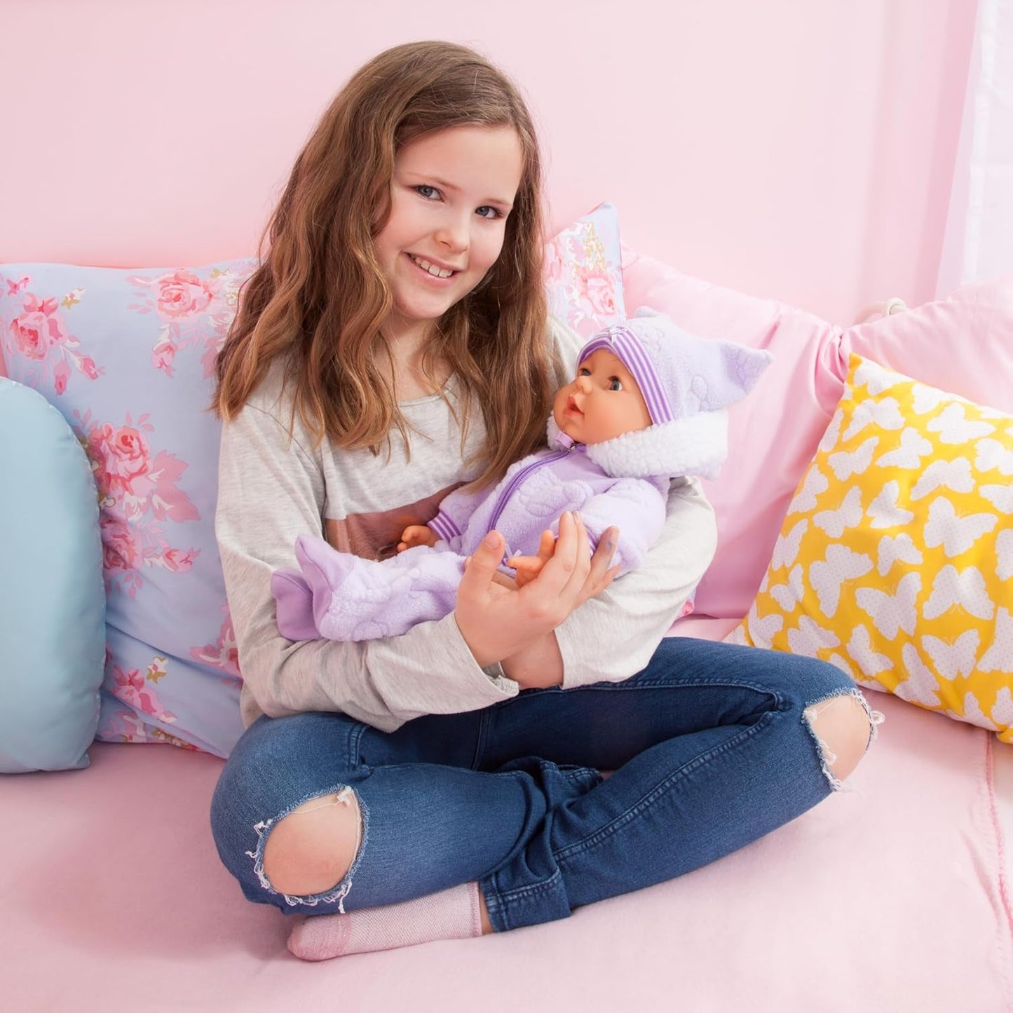 Bayer Design 94694AG 94694AA, Funktionsdocka, Piccolina Magic Eyes Interactive Doll, Moves Mun, Blinkar och stänger ögonen, Pratar, Lila, 46cm