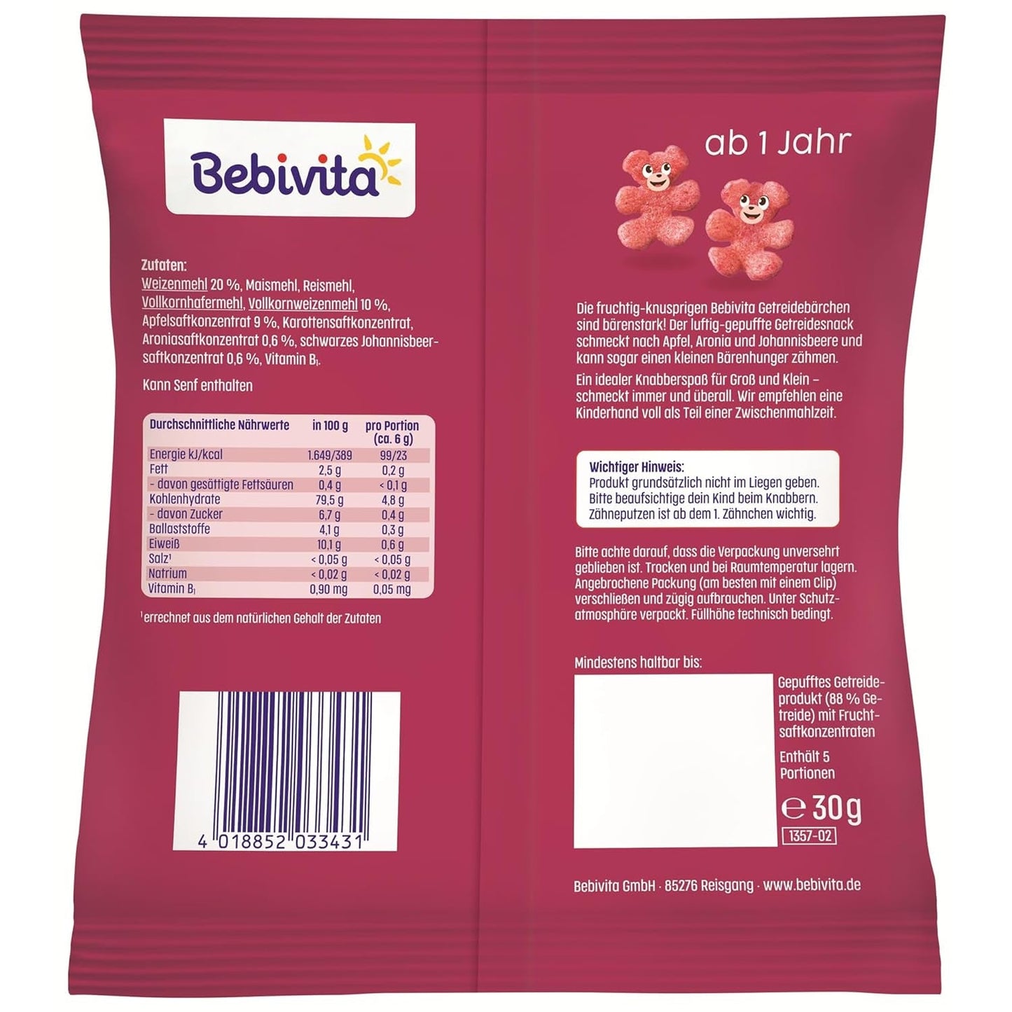 Spannmålsbjörnar med superfrukter (9 x 30 g) – snacks för barn från 1 år, sötade endast med frukt, perfekt kul för hela familjen