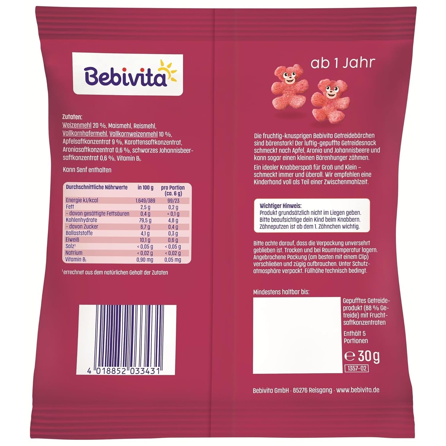Spannmålsbjörnar med superfrukter (9 x 30 g) – snacks för barn från 1 år, sötade endast med frukt, perfekt kul för hela familjen