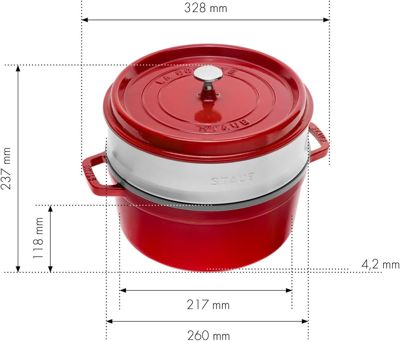 STAUB Gusseisen Bräter/Cocotte, Mit Dämpfeinsatz Aus Edelstahl, Rund 26 Cm, 5,2 L, Aromaregen Funktion Für Optimale Befeuchtung, Für Alle Herdarten Inkl. Induktion & Backofen, Kirschrot, Rot Formar och plåtar för bakning Naty Shop