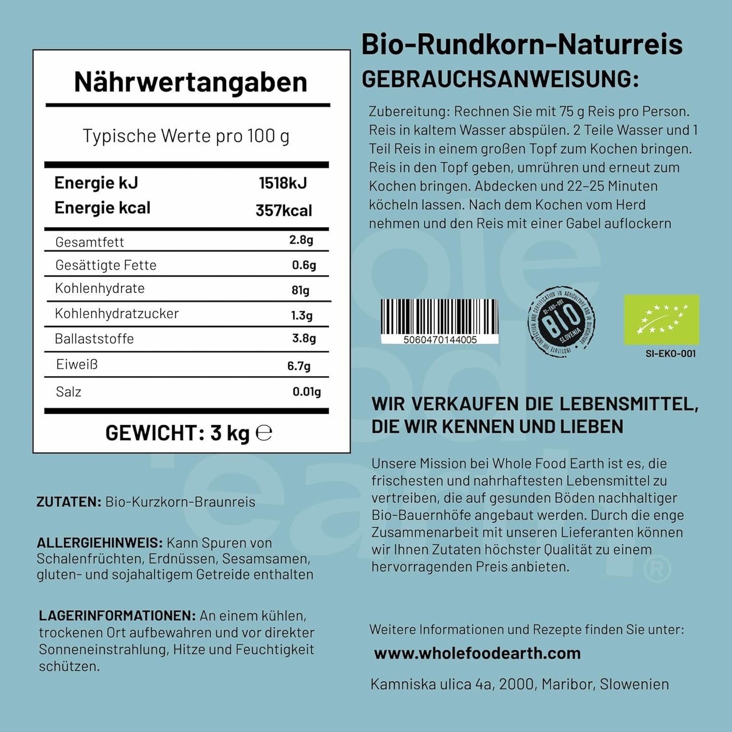 Wholefood Jord Ekologiskt kortkornigt brunt ris 3 kg icke-GMO Vegansk fiberkälla från kontrollerat ekologiskt jordbruk