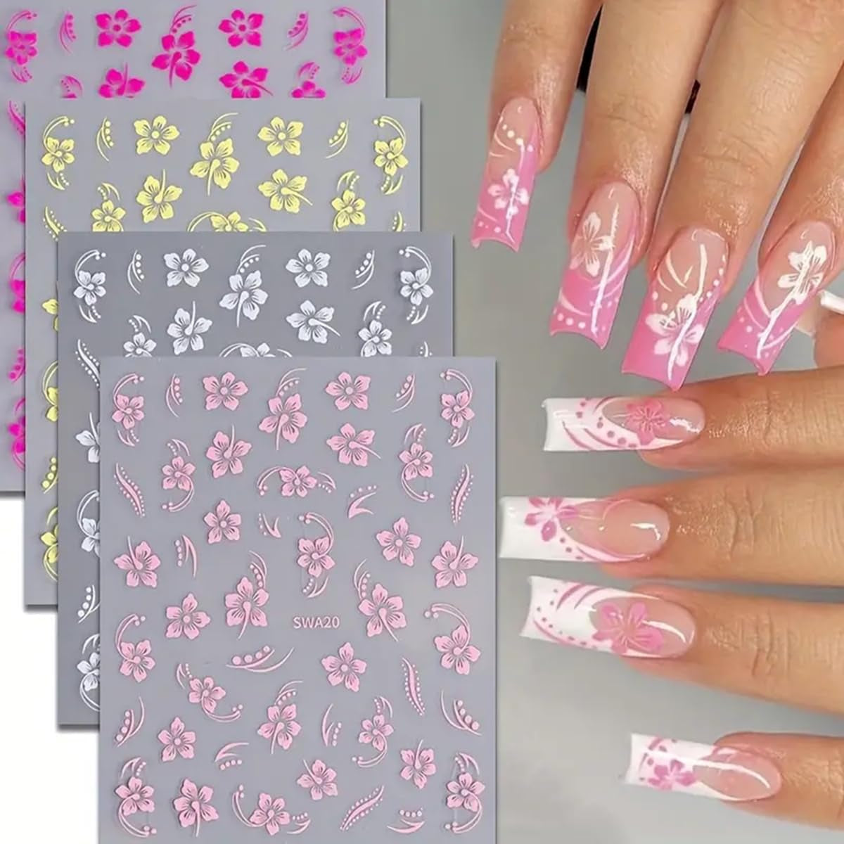 8 Stück Hibiskus Nagelsticker, 3D Selbstklebende Blumen Nagelaufkleber, Weiß Rosa Gelb Magenta Sommer Neonagelklistermärke, Nagelkonst Zubehör Nagel Deko Für Frauen