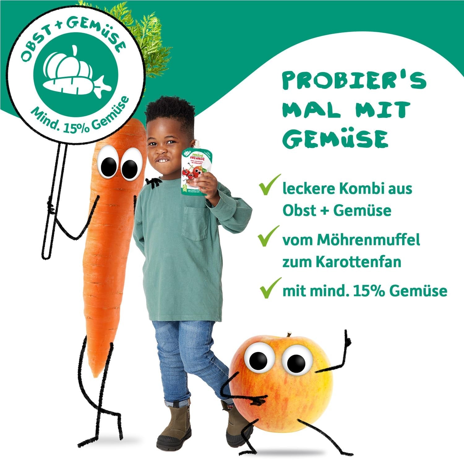 FRECHE FREUNDE Ekologisk pressbar fruktpåse med äpplen, jordgubbar, rödbetor och morot, frukt- och grönsakspuré i en pressbar påse för spädbarn från 6 månader, vegansk, 6-pack (6 x 100 g)