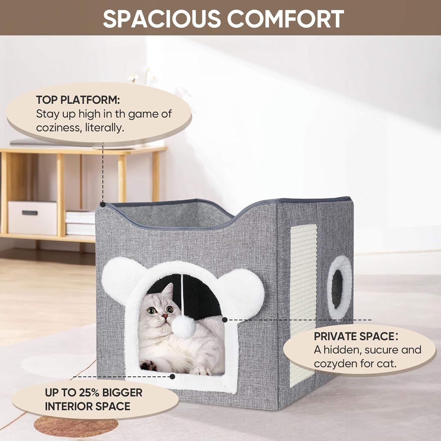 Katzenbetten für Indoor Katzen, Faltbares Katzenhaus, Katzenhöhle 2 Schicht Würfel Großer Raum Katzenbett mit Kratzbrett und Spielball, 15,8 x 15,8 x 15tum