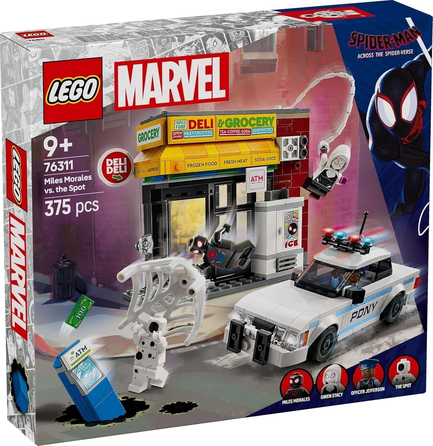 LEGO Marvel Spider-Verse: Miles Morales vs. Spot - Superhjältelekset med leksaksbil - 4 minifigurer och minimarknad - Present till pojkar och flickor i åldern 9+ 76311 Byggset Besuche den LEGO-Store