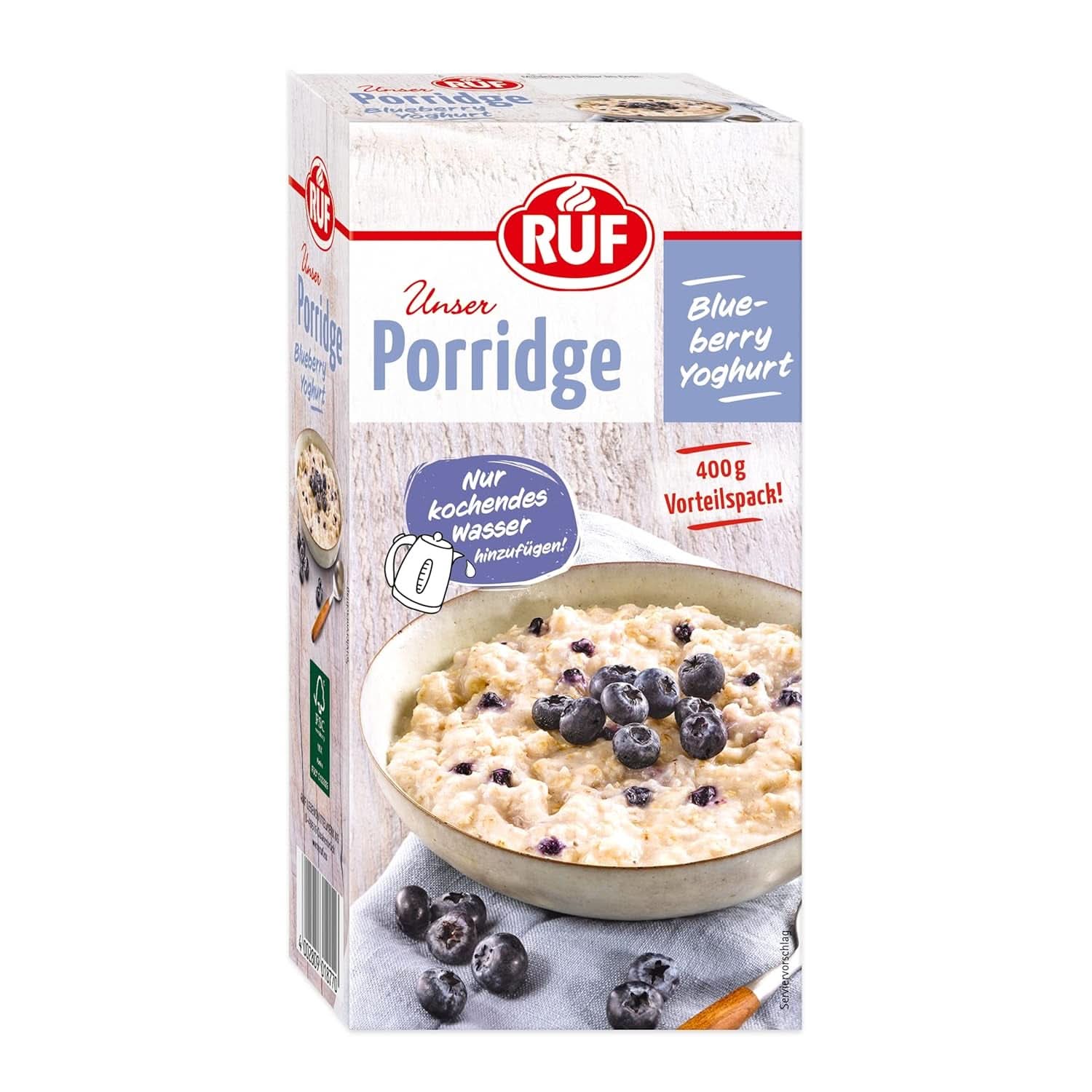 RUF Gröt Äppelkanel, med fullkorns havreflingor, fin kanelsmak och bitar av torkade äpplen, 400 gram Naty Shop Cereals 400 gram Yoghurt med blåbär
