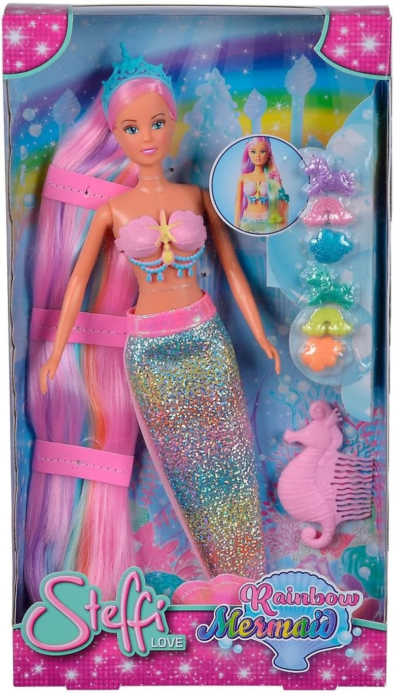 Simba 105733610 - Steffi Love Rainbow Mermaid, regnbågssjöjungfru modedocka med färgglatt hår, hårspännen, kam och avtagbar fena, lekdocka 29 cm, från 3 år