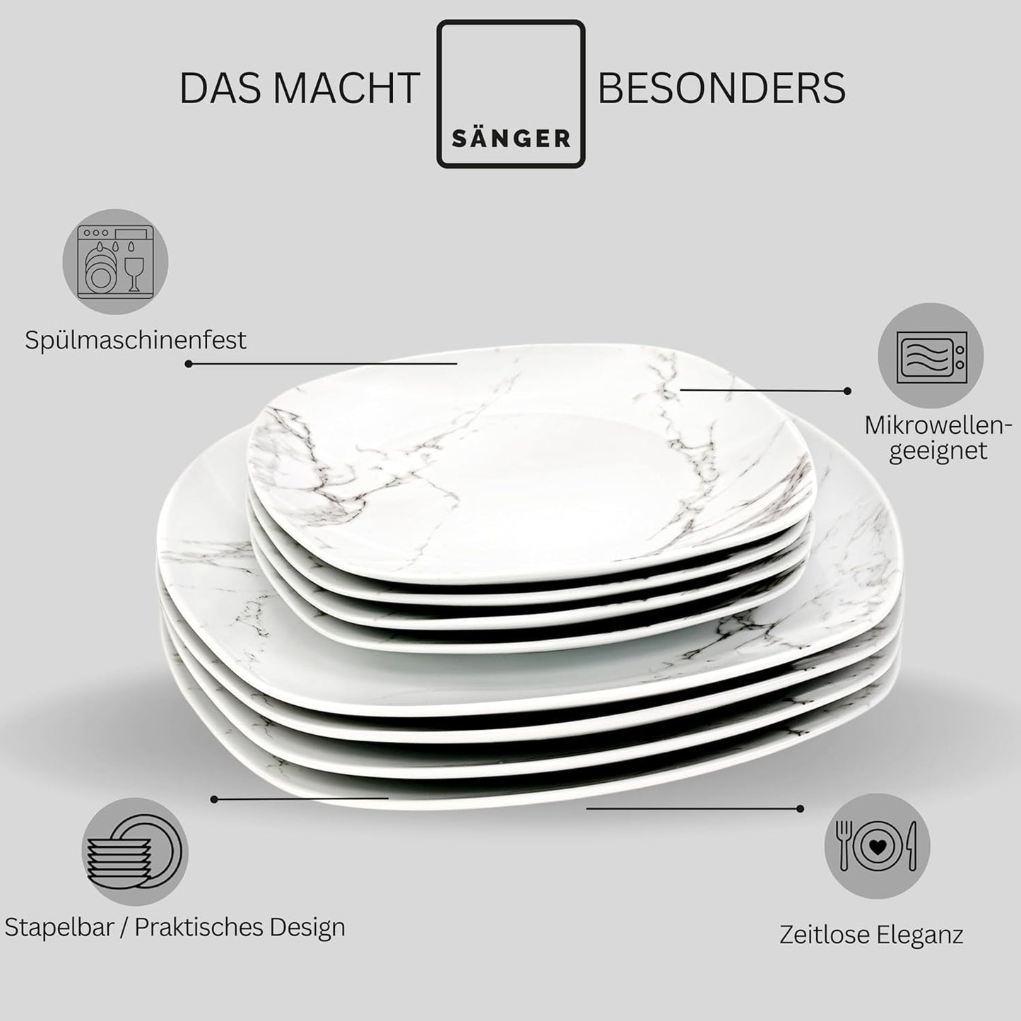 SANGER | Bilgola Marble Combination Servis Set 36-delat Servis Set för 6 med middagstallrikar, desserttallrikar, sumatallrikar, spannmålsskålar, kaffetallrikar och porslinsfat, fyrkantiga | PREMIUM KOLLEKTIONEN