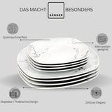SANGER | Bilgola Marble Combination Servis Set 36-delat Servis Set för 6 med middagstallrikar, desserttallrikar, sumatallrikar, spannmålsskålar, kaffetallrikar och porslinsfat, fyrkantiga | PREMIUM KOLLEKTIONEN